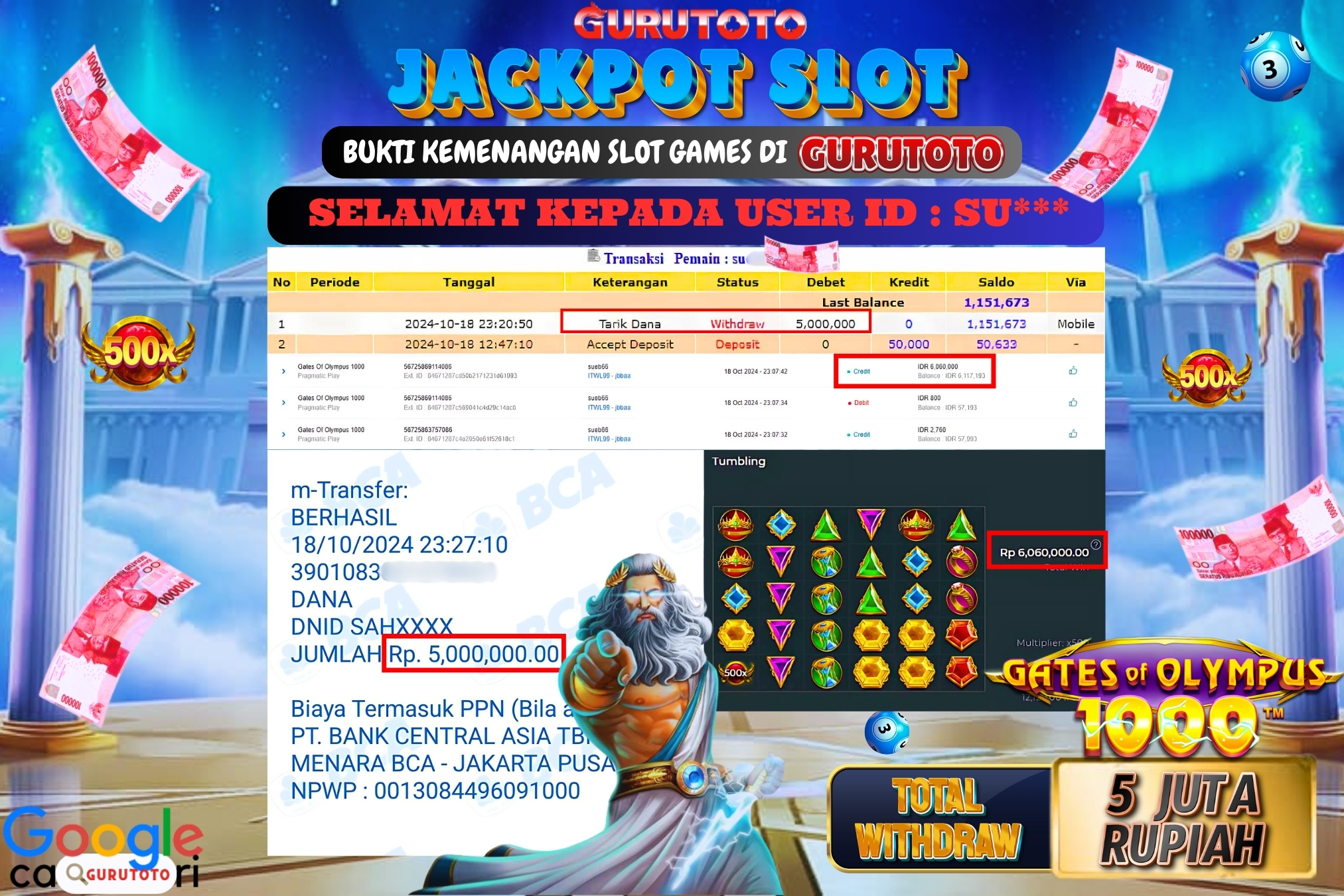 Jackpot Slot Gates of Olympus 1000 di Gurutoto sebesar Rp.5.000.000 dibayar lunas.