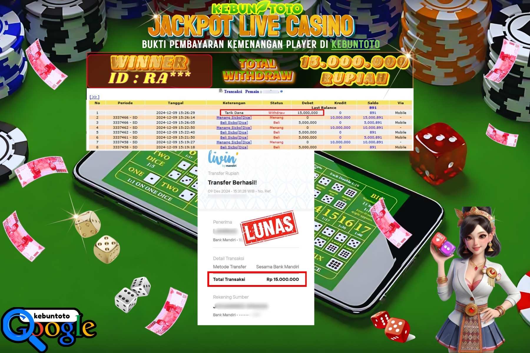 KEBUNTOTO LIVE GAMES SICBO DICE  , Sebesar Rp.15.000.000,- LUNAS