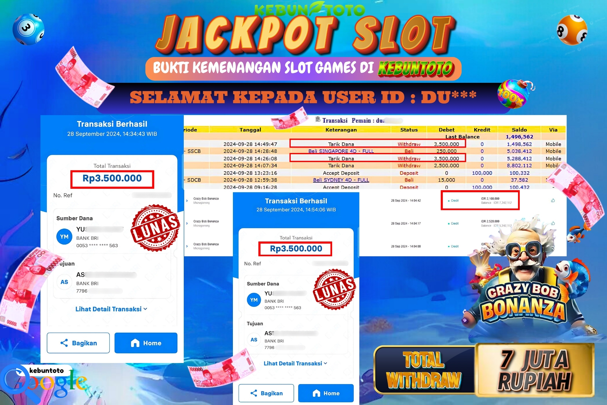 KEBUNTOTO JACKPOT SLOT CRAZY BOB BONANZA Rp.7.000.000,- LUNAS