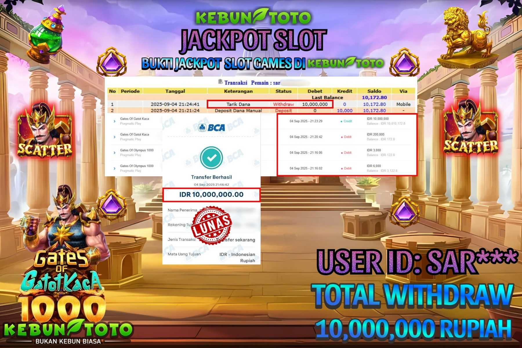 Bukti Kemenangan Rp 10.000.000 SLOT GATES OF GATOT KACA 1000 di KEBUNTOTO!