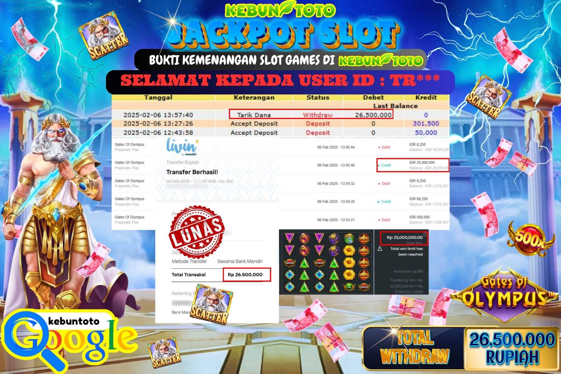 KEBUNTOTO JACKPOT SLOT GATES OF OLYMPUS , Sebesar Rp 26.500.000,- LUNAS