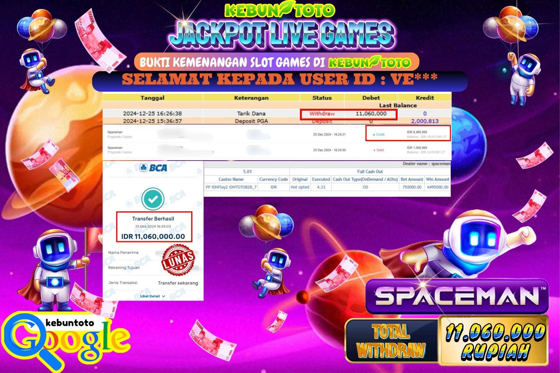 KEBUNTOTO JACKPOT LIVE GAMES SPACEMAN , Sebesar Rp.11.060.000,- LUNAS