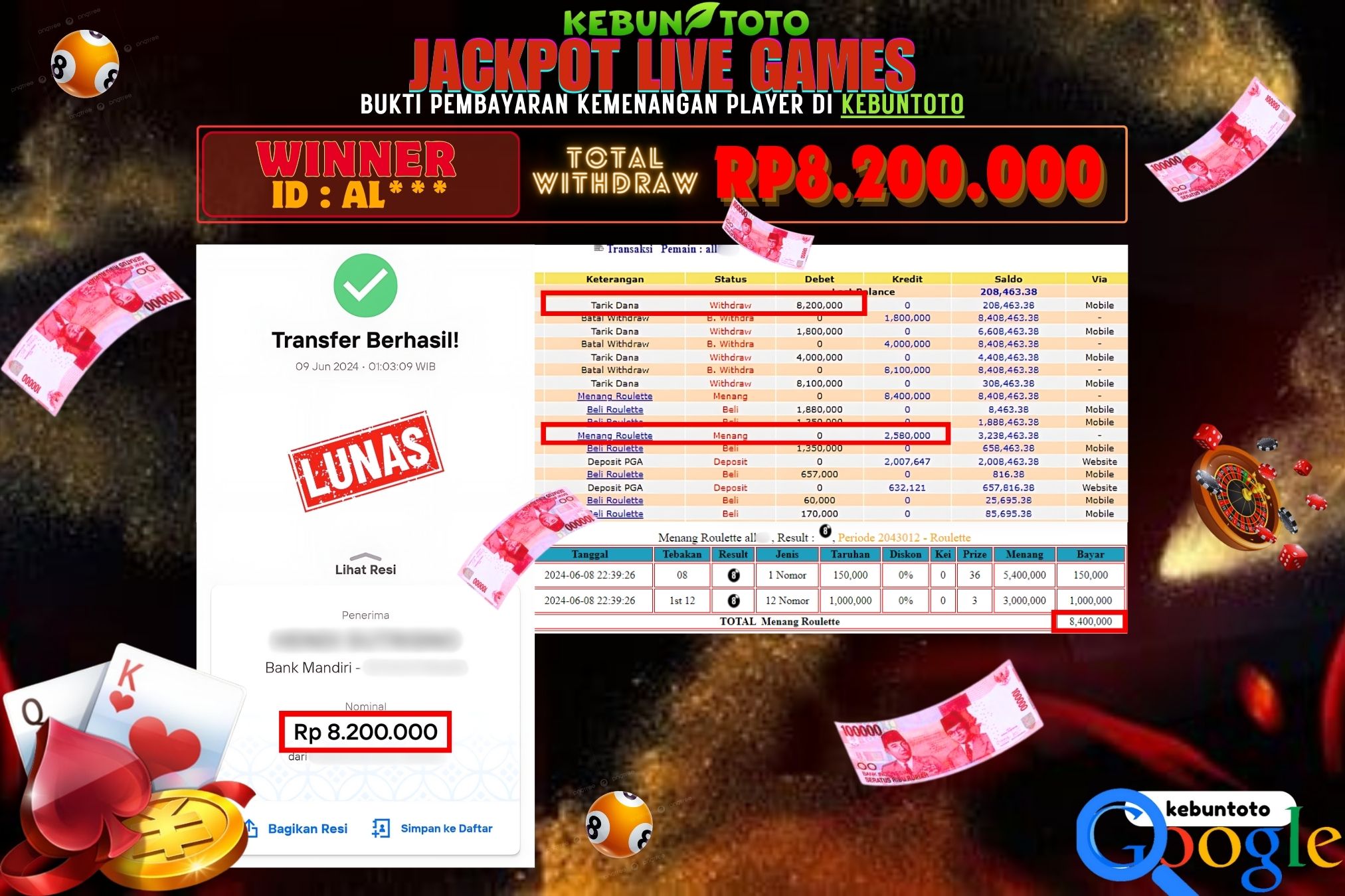 KEBUNTOTO JACKPOT LIVE GAMES ROULETTE Rp.8.200.000,- LUNAS