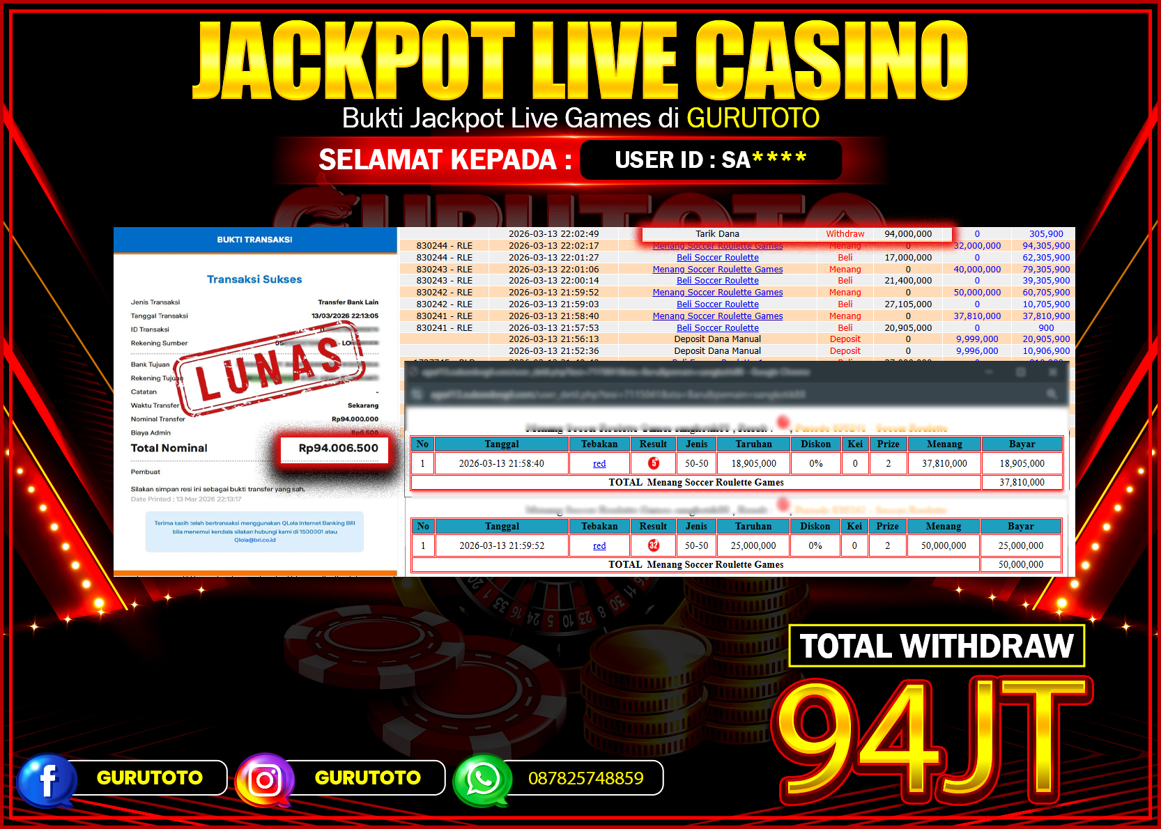 Bukti Kemenangan Rp 94.000.000 LIVE CASINO ROULETTE di GURUTOTO !