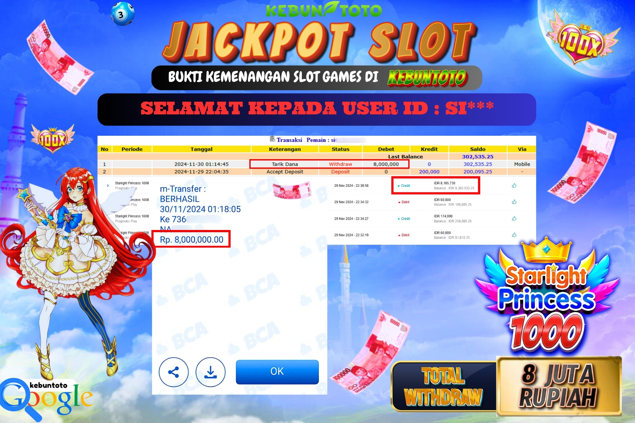KEBUNTOTO JACKPOT SLOT STARLIGHT PRINCESS 1000 Rp.8.000.000,- LUNAS