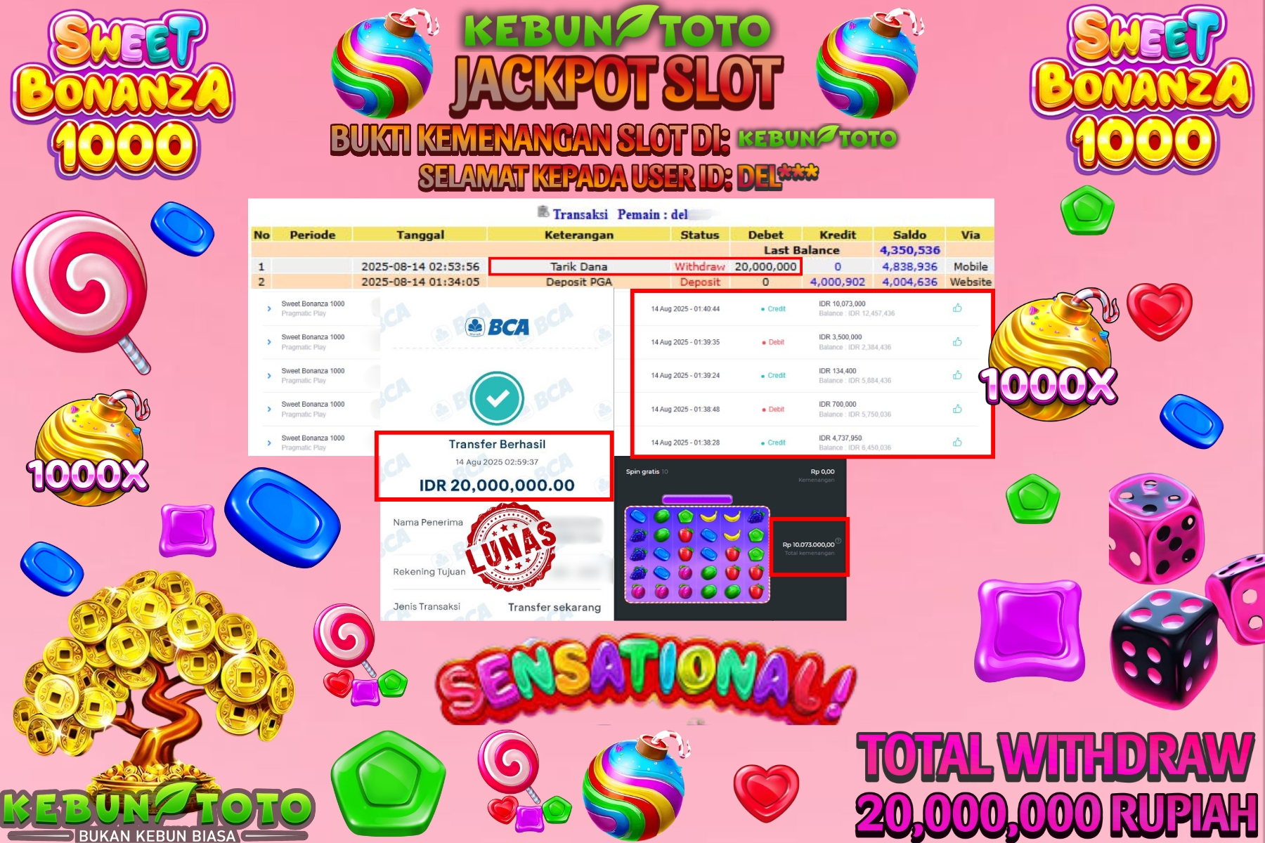 Bukti Kemenangan Rp 20.000.000 SLOT SWEET BONANZA 1000 di KEBUNTOTO!