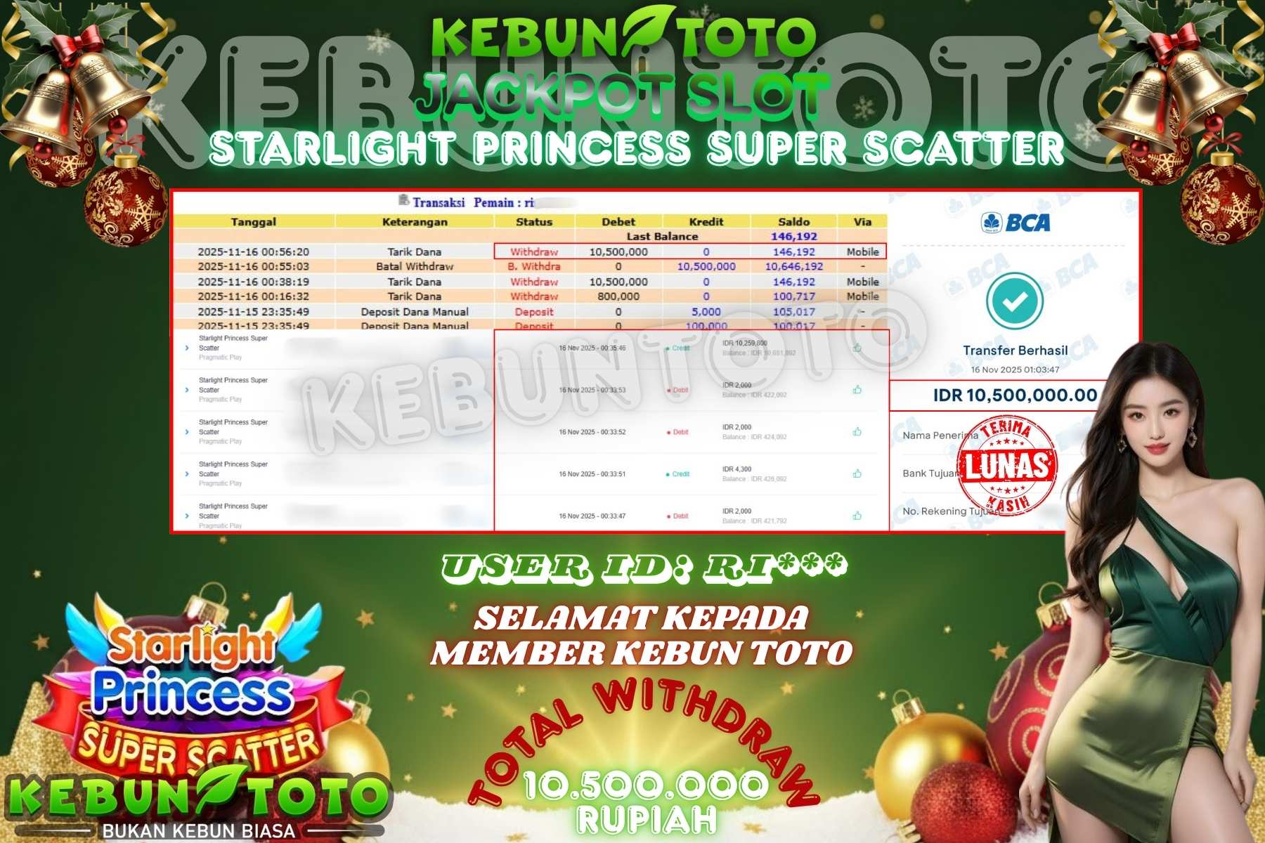 Bukti Kemenangan Rp 10.500.000 SLOT STARLIGHT PRINCESS SUPER SCATTER di KEBUNTOTO!