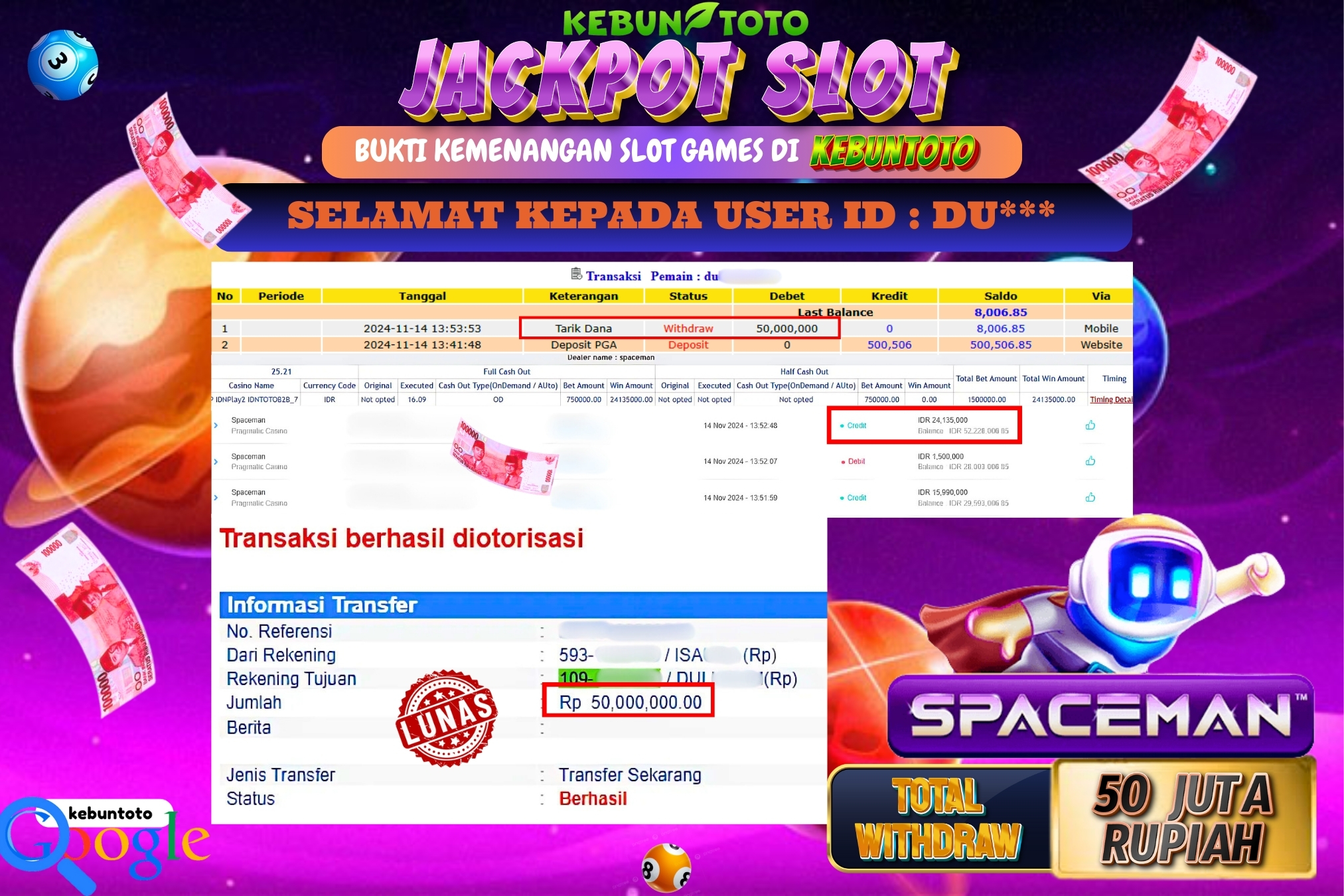 KEBUNTOTO JACKPOT SLOT SPACEMAN Rp.50.000.000,- LUNAS