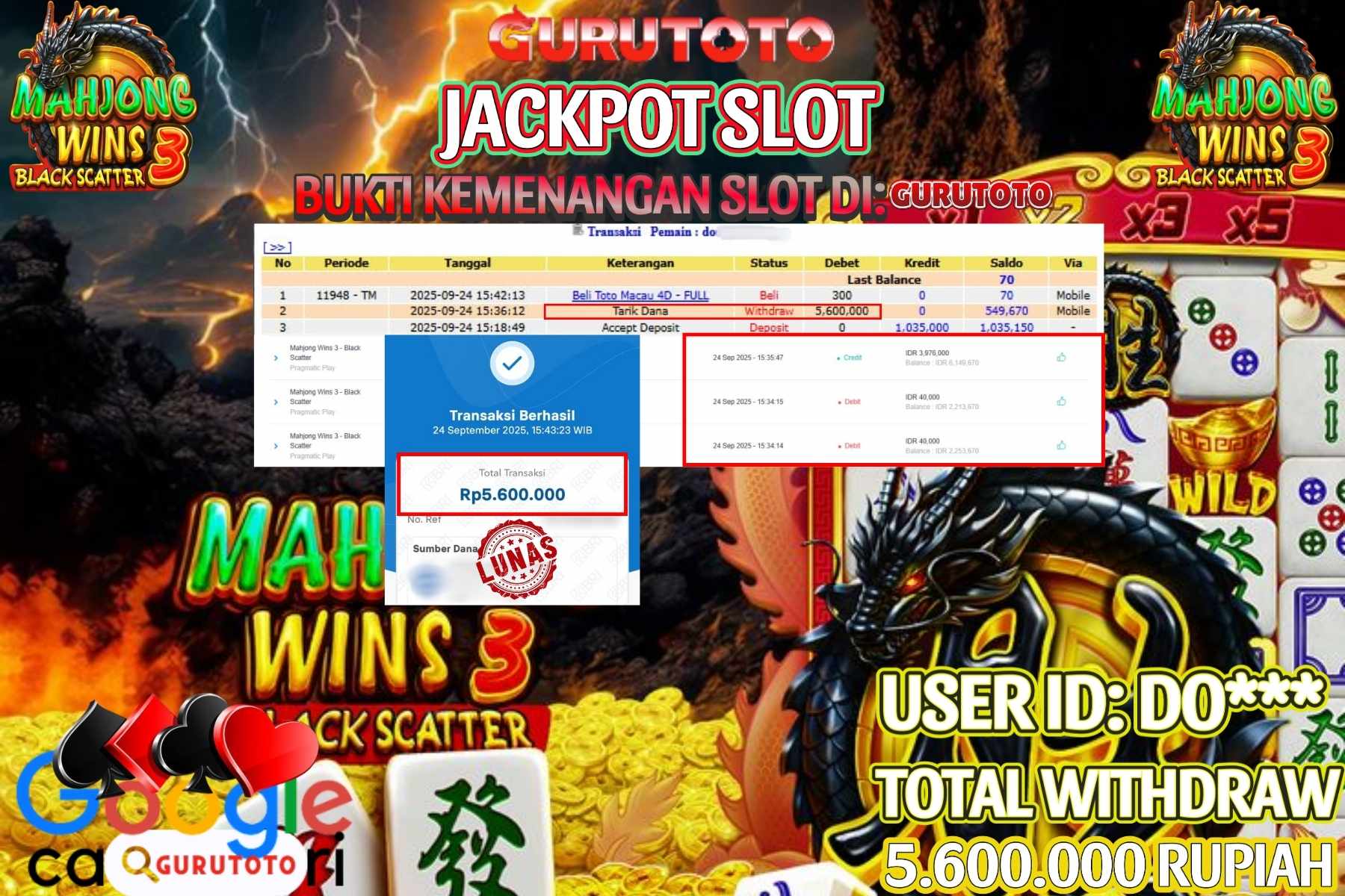 Bukti Kemenangan Rp 5.600.000 SLOT MAHJONG WINS 3 BLACK SCATTER di GURUTOTO!