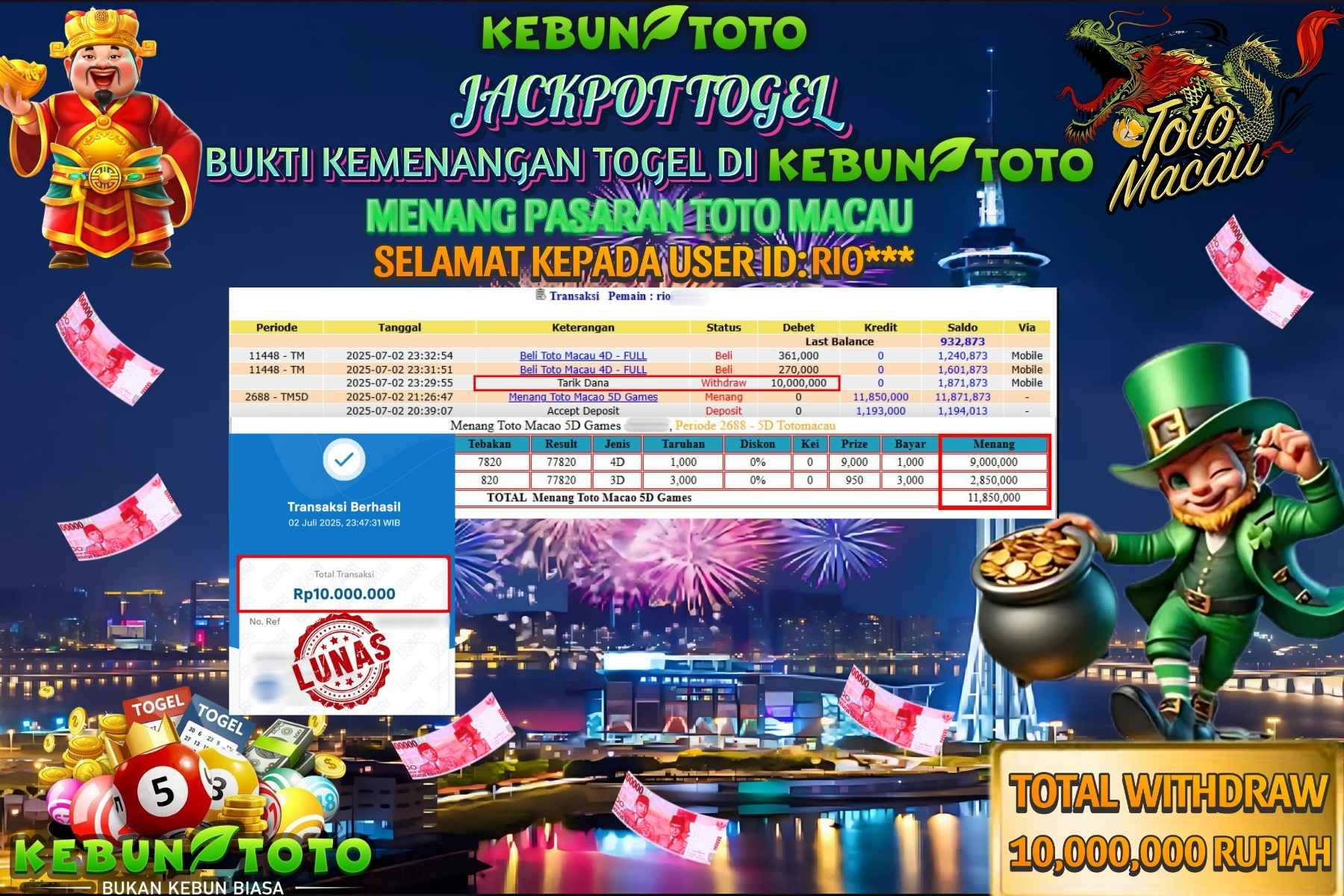 Bukti Kemenangan Rp 10.000.000 TOGEL TOTO MACAU di KEBUNTOTO!
