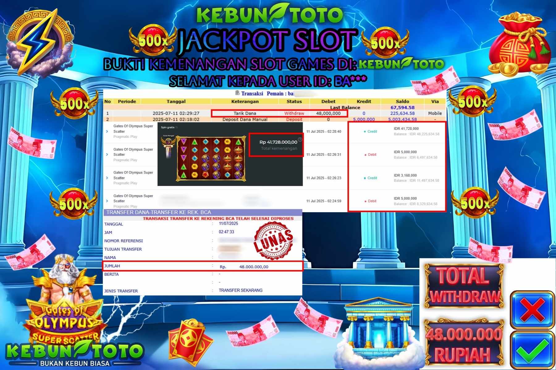 Bukti Kemenangan Rp 48.000.000 SLOT GATES OF OLYMPUS SUPER SCATTER di KEBUNTOTO!