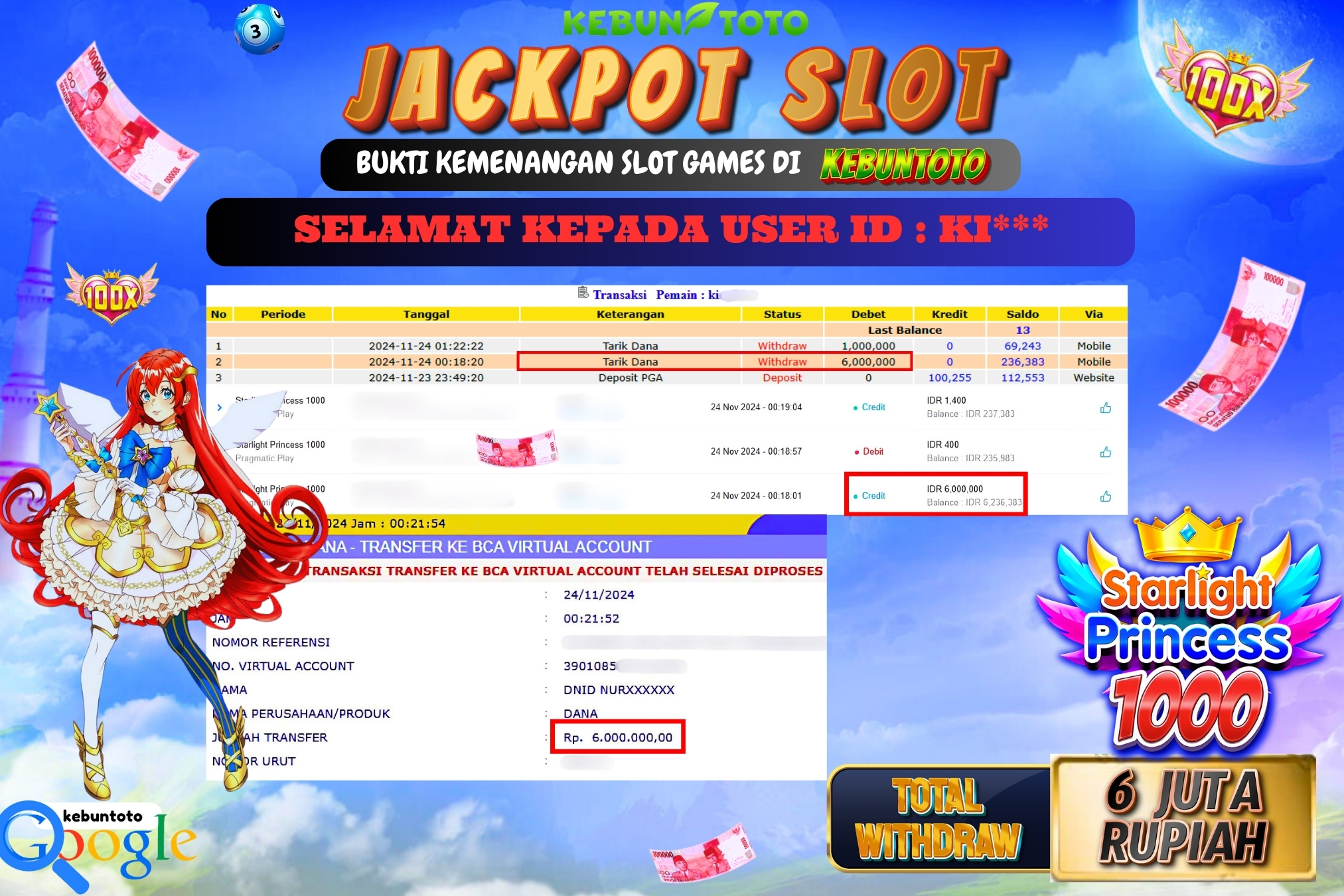 KEBUNTOTO JACKPOT SLOT STARLIGHT PRINCESS 1000 Rp.6.000.000,- LUNAS
