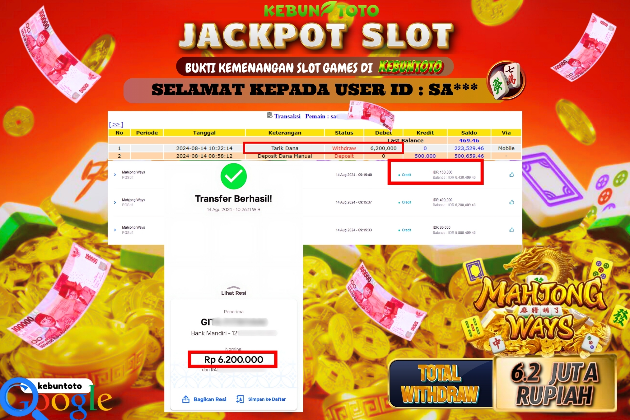 KEBUNTOTO JACKPOT SLOT MAHJONG WAYS Rp.6.200.000,- LUNAS