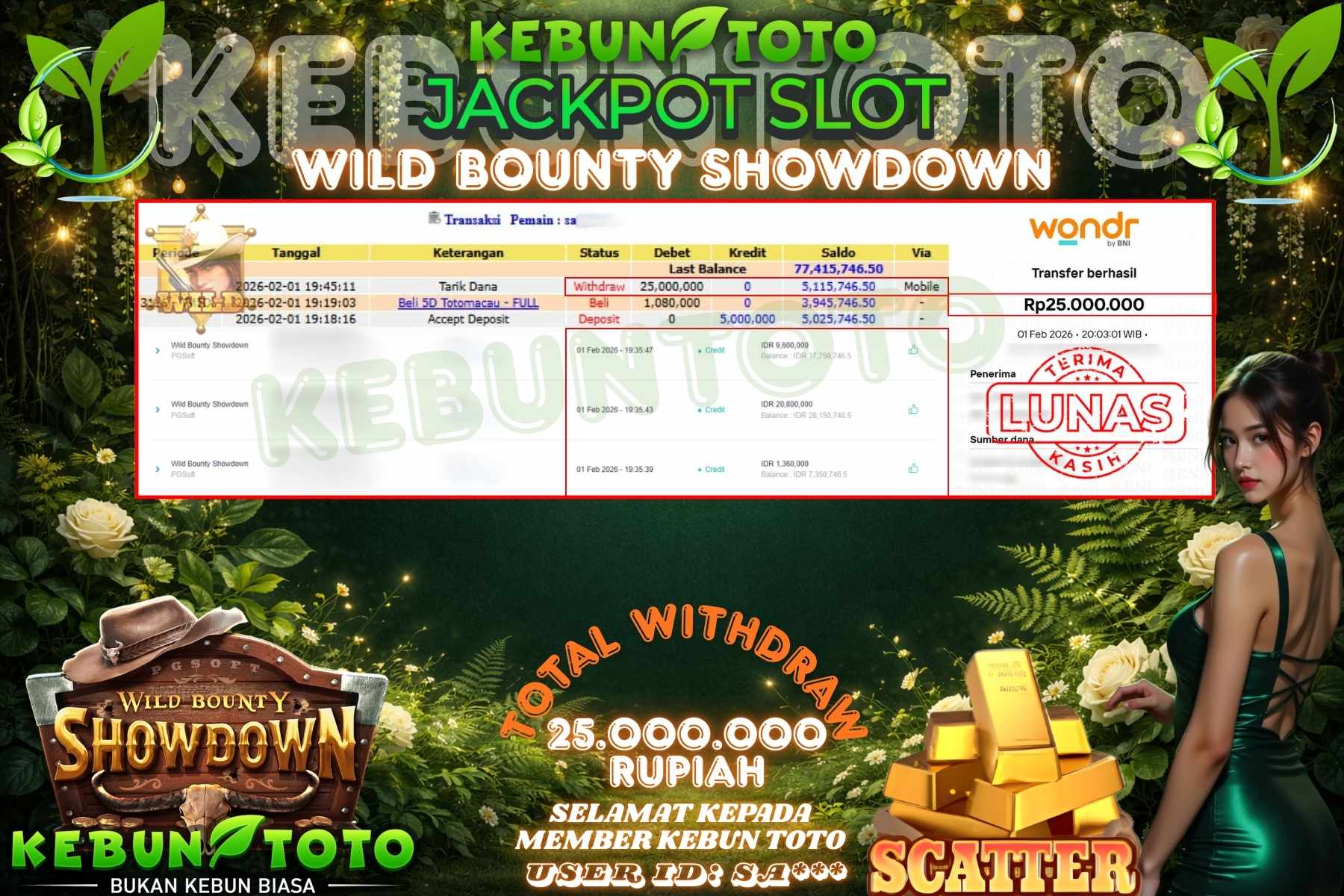 Bukti Kemenangan Rp 25.000.000 SLOT WILD BOUNTY SHOWDOWN di KEBUNTOTO!