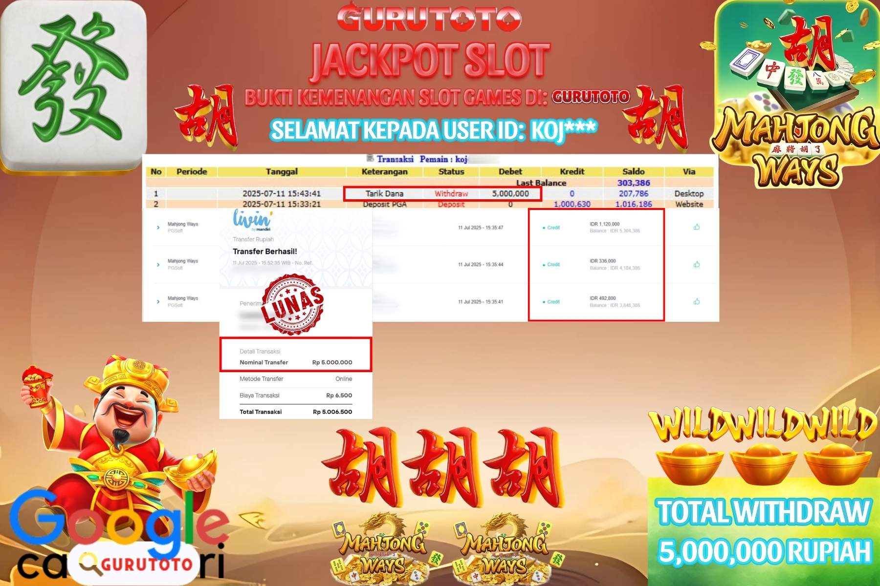 Bukti Kemenangan Rp 5.000.000 SLOT MAHJONG WAYS di GURUTOTO!
