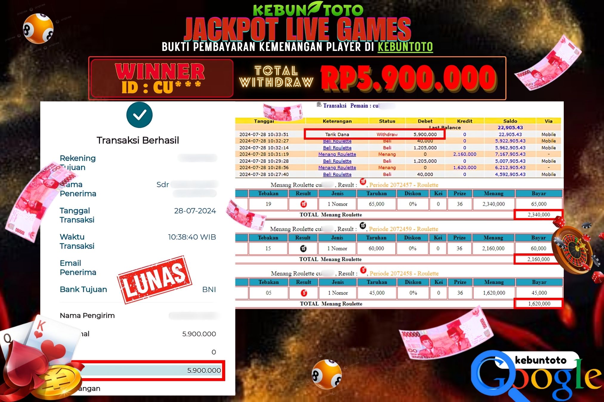 KEBUNTOTO JACKPOT LIVE GAMES ROULETTE Rp.5.900.000,- LUNAS