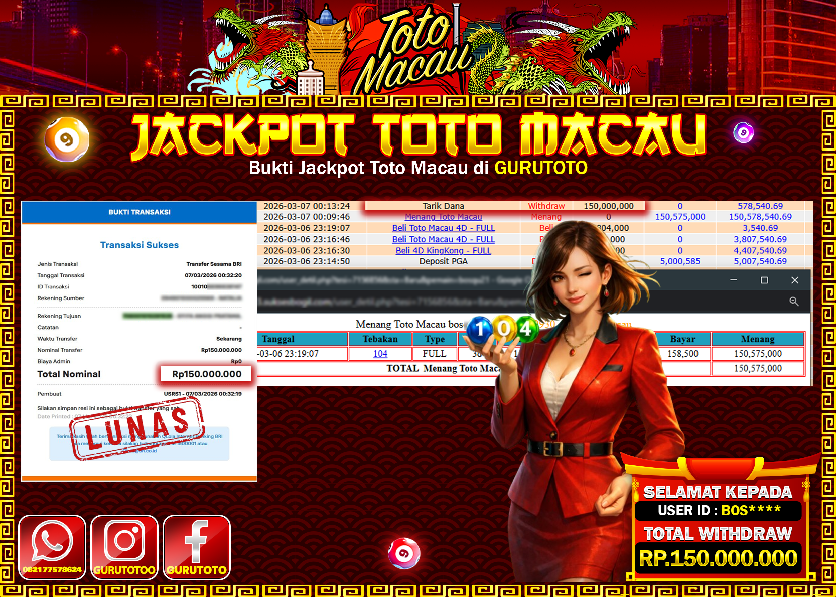 Bukti Kemenangan Rp 150.000.000 TOTO MACAU 4D di GURUTOTO !