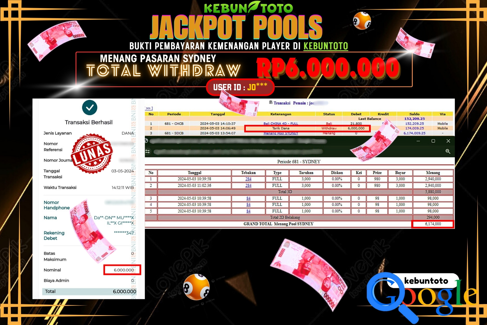 KEBUNTOTO JACKPOT TOGEL PASARAN SYDNEY Rp.6.000.000,- LUNAS