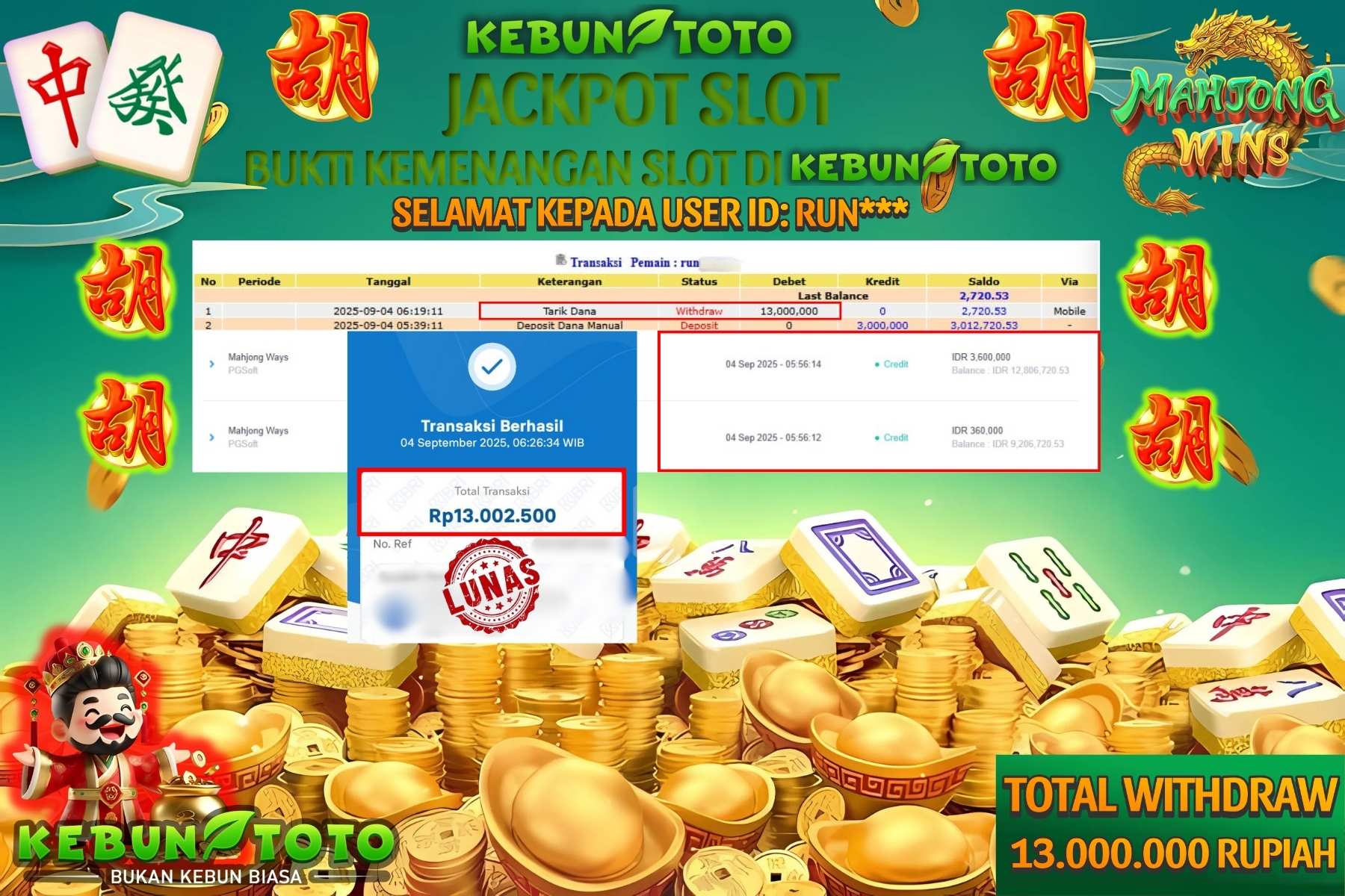 Bukti Kemenangan Rp 13.000.000 SLOT MAHJONG WAYS di KEBUNTOTO!