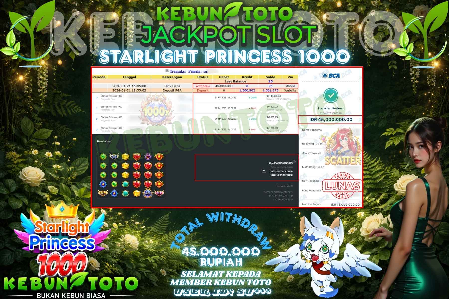 Bukti Kemenangan Rp 45.000.000 SLOT STARLIGHT PRINCESS 1000 di KEBUNTOTO!