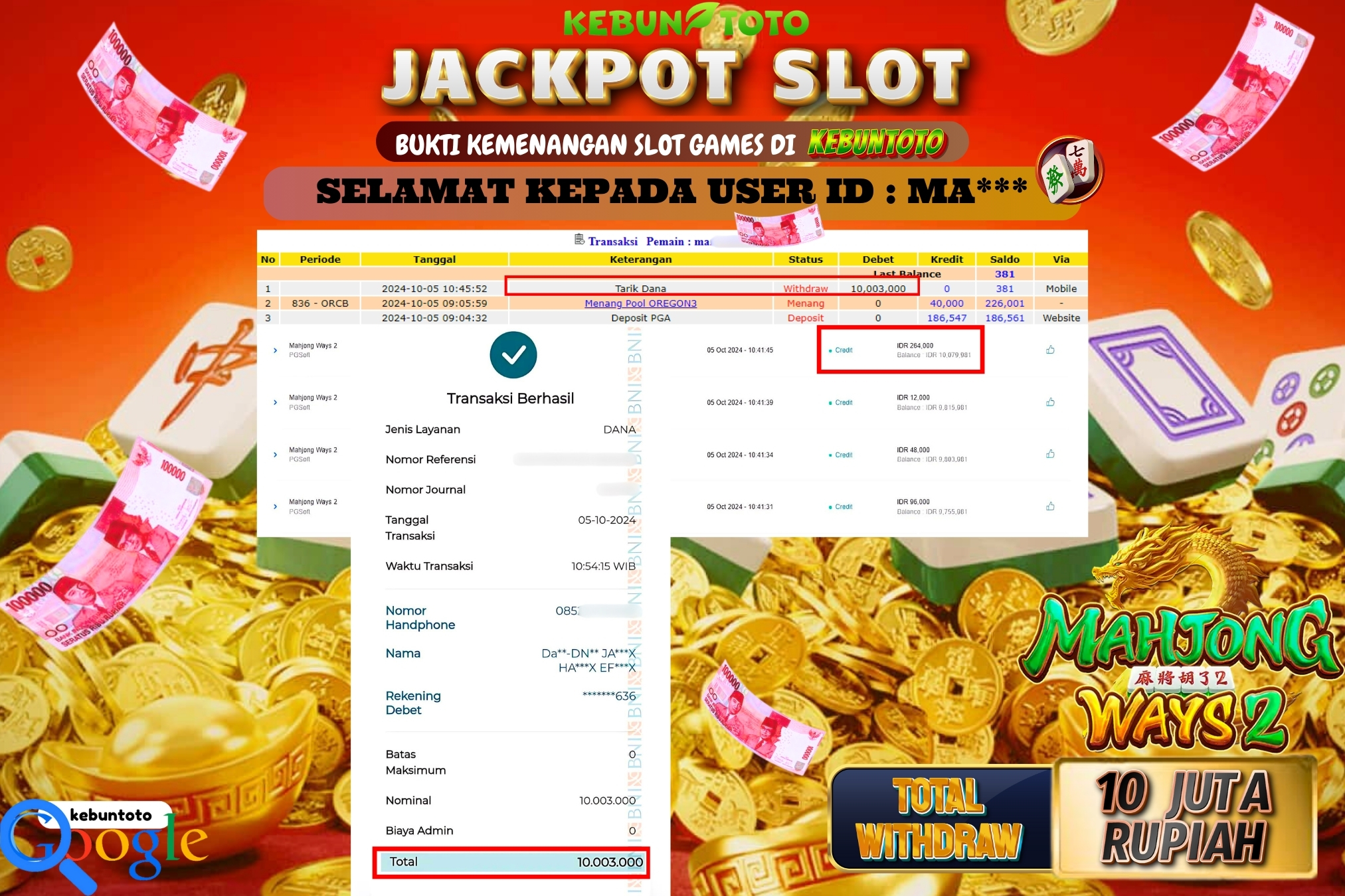 KEBUNTOTO JACKPOT SLOT MAHJONG WAYS 2 Rp.10.003.000,- LUNAS