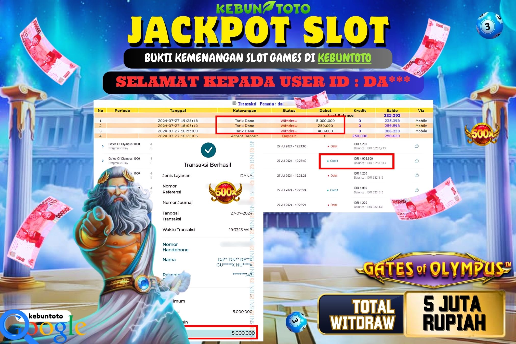 KEBUNTOTO JACKPOT SLOT GATES OF OLYMPUS 1000 Rp.5.000.000,- LUNAS