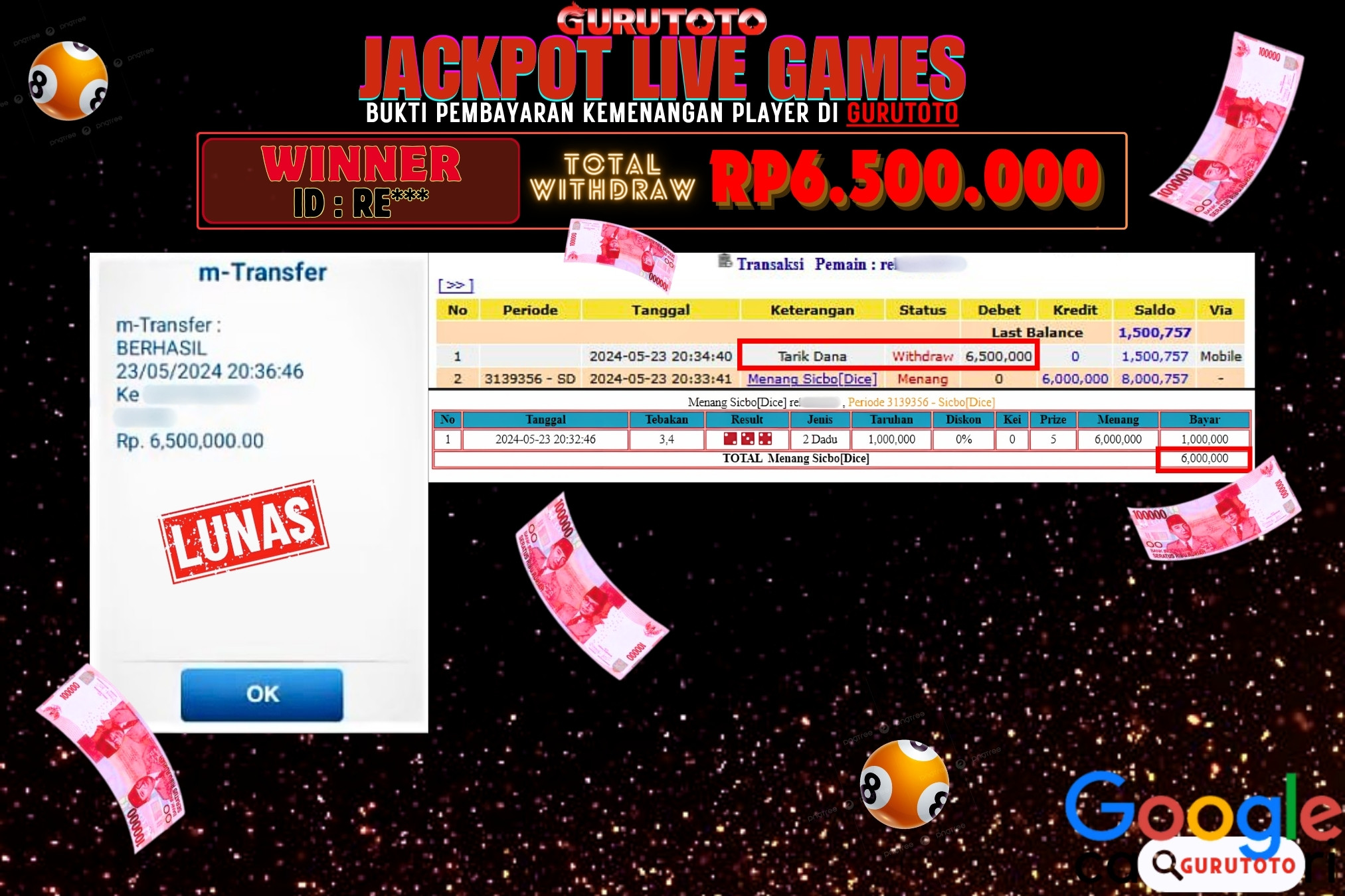 Jackpot Live Game SICBO (DICE) di Gurutoto sebesar Rp.6.500.000 dibayar lunas.