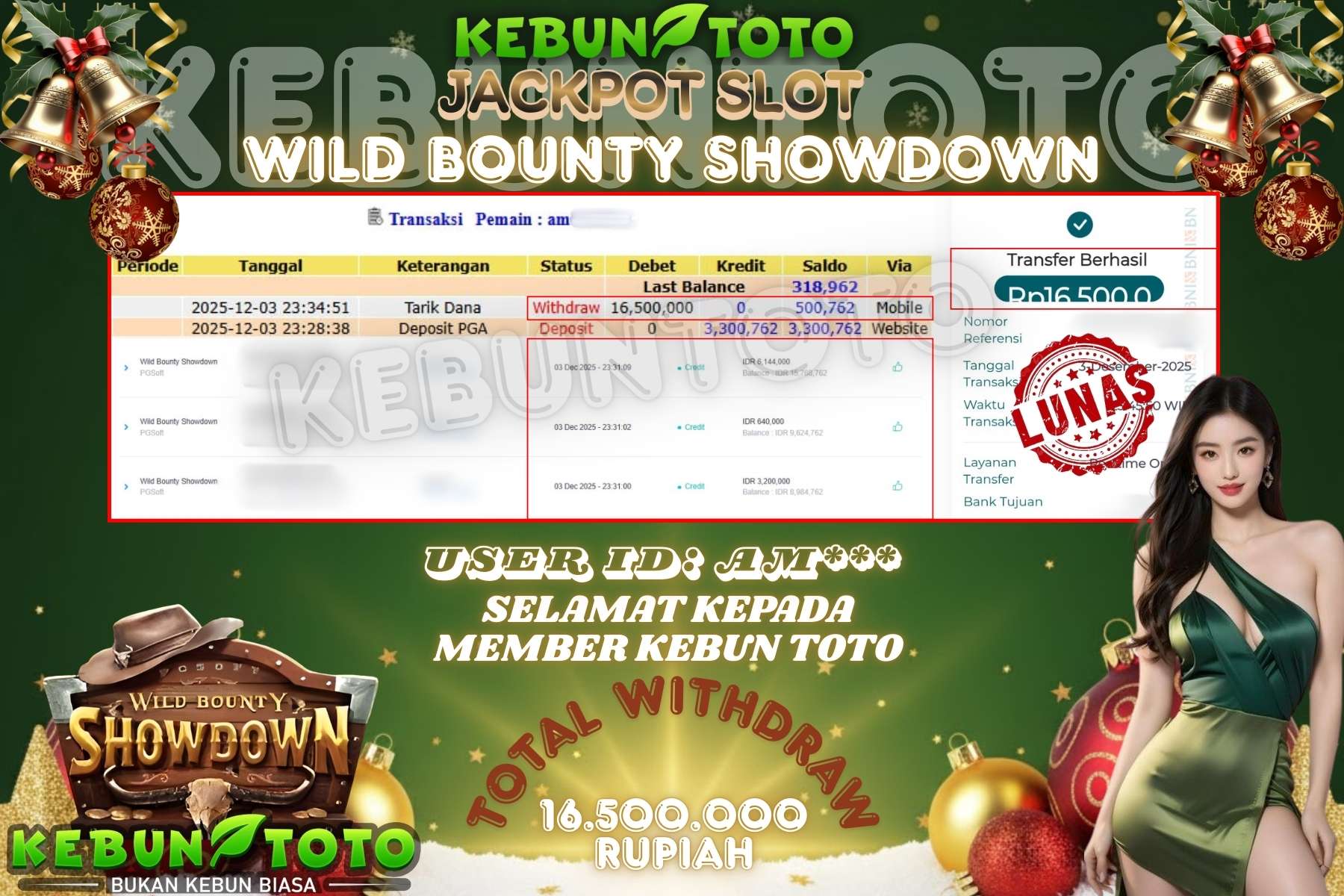 Bukti Kemenangan Rp 16.500.000 SLOT WILD BOUNTY SHOWDOWN di KEBUNTOTO!