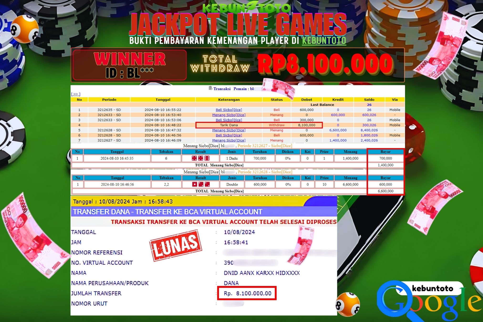 KEBUNTOTO JACKPOT LIVE GAMES SICBO DICE Rp.8.100.000,- LUNAS