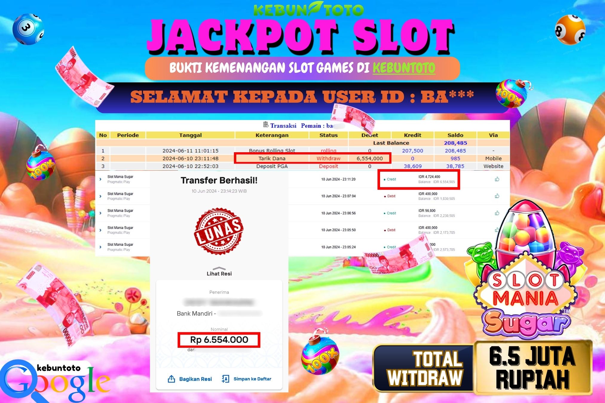 KEBUNTOTO JACKPOT SLOT MANIA SUGAR Rp.6.554.000,- LUNAS