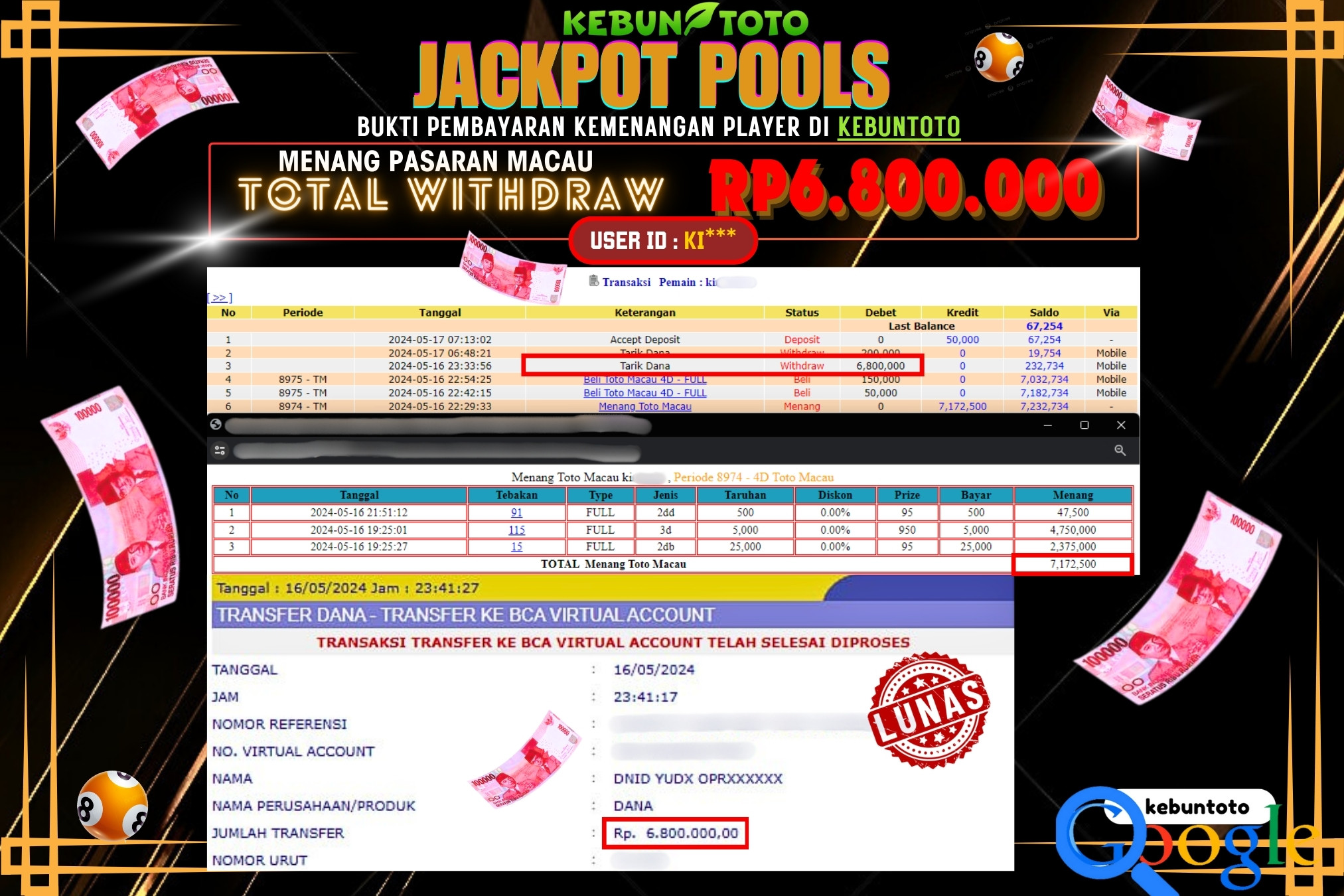 KEBUNTOTO JACKPOT TOGEL PASARAN MACAU Rp.6.800.000,- LUNAS
