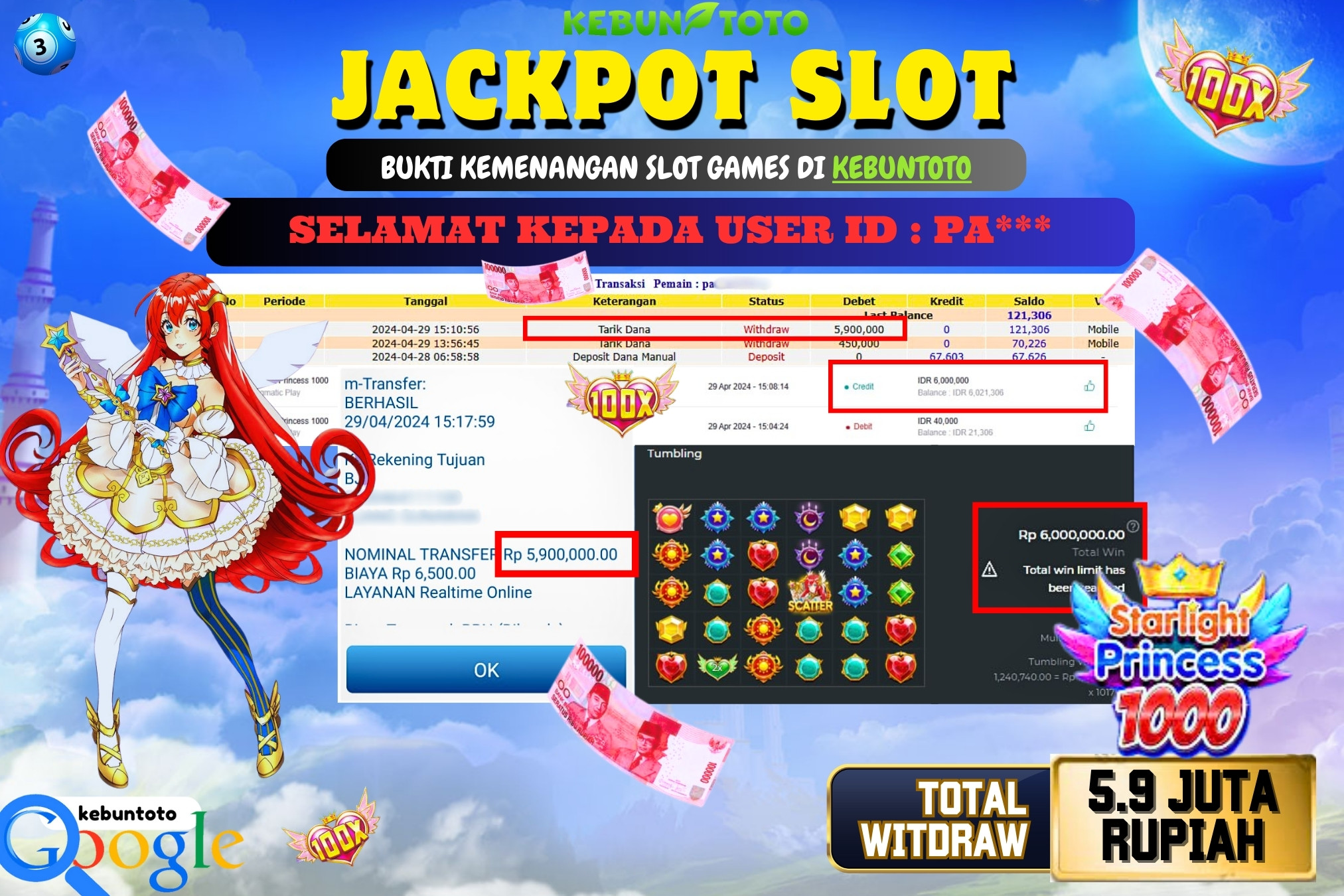 KEBUNTOTO JACKPOT SLOT STARLIGHT PRINCESS 1000 Rp.5.900.000,- LUNAS