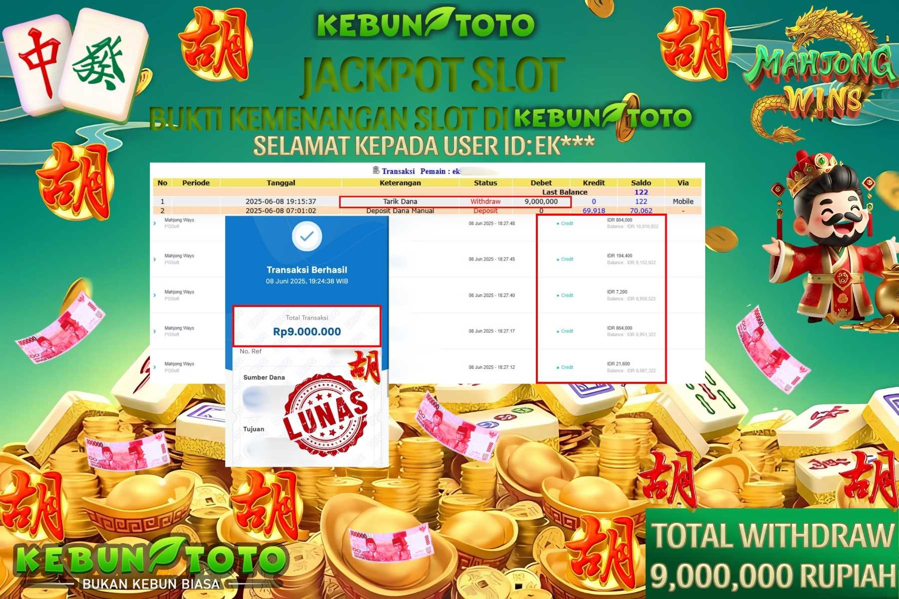 KEBUNTOTO JACKPOT SLOT MAHJONG WAYS Rp 9.000.000,- LUNAS