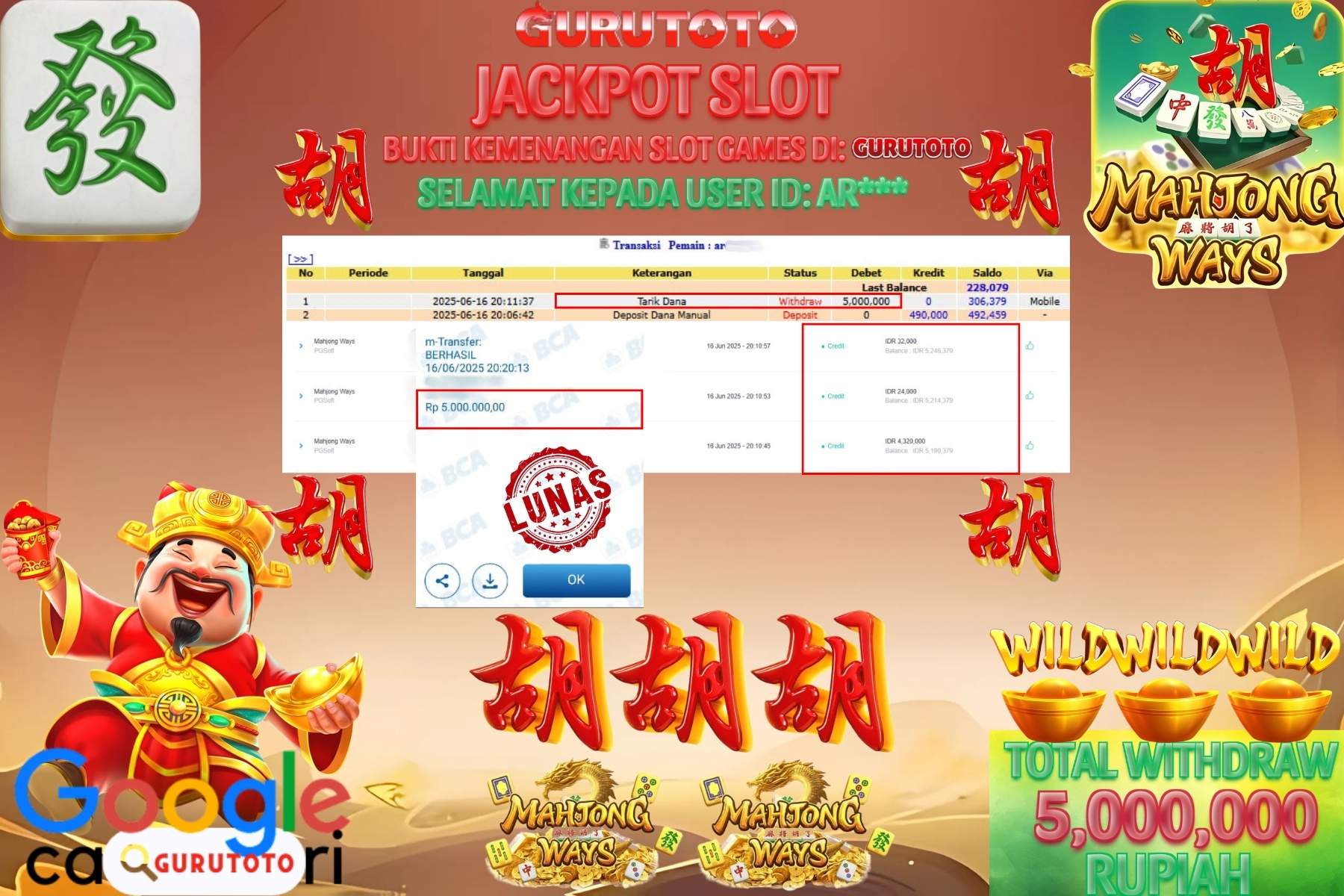 Bukti Kemenangan Rp 5.000.000 SLOT MAHJONG WAYS di GURUTOTO!