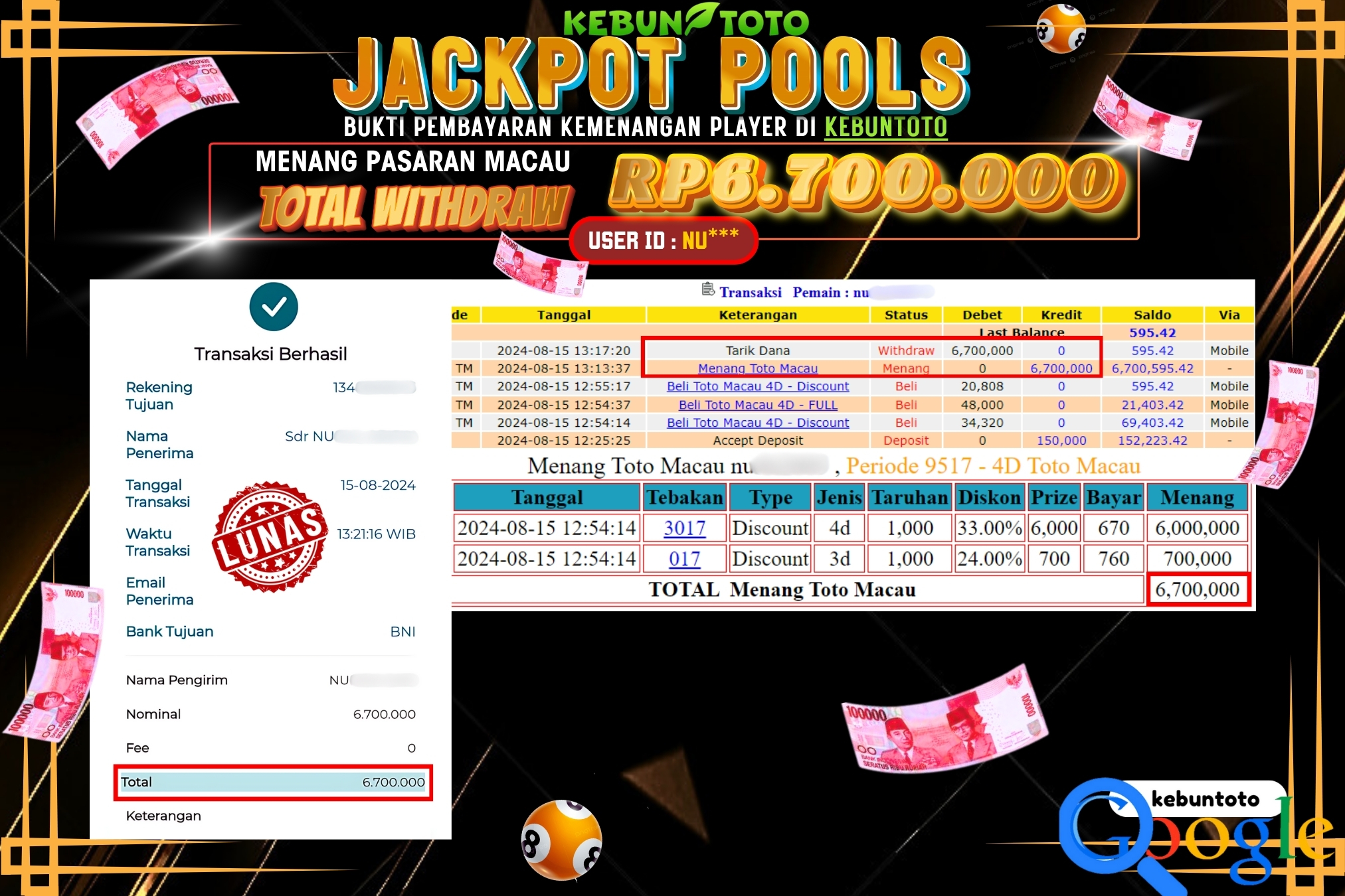 KEBUNTOTO JACKPOT TOGEL PASARAN MACAU Rp.6.700.000,- LUNAS