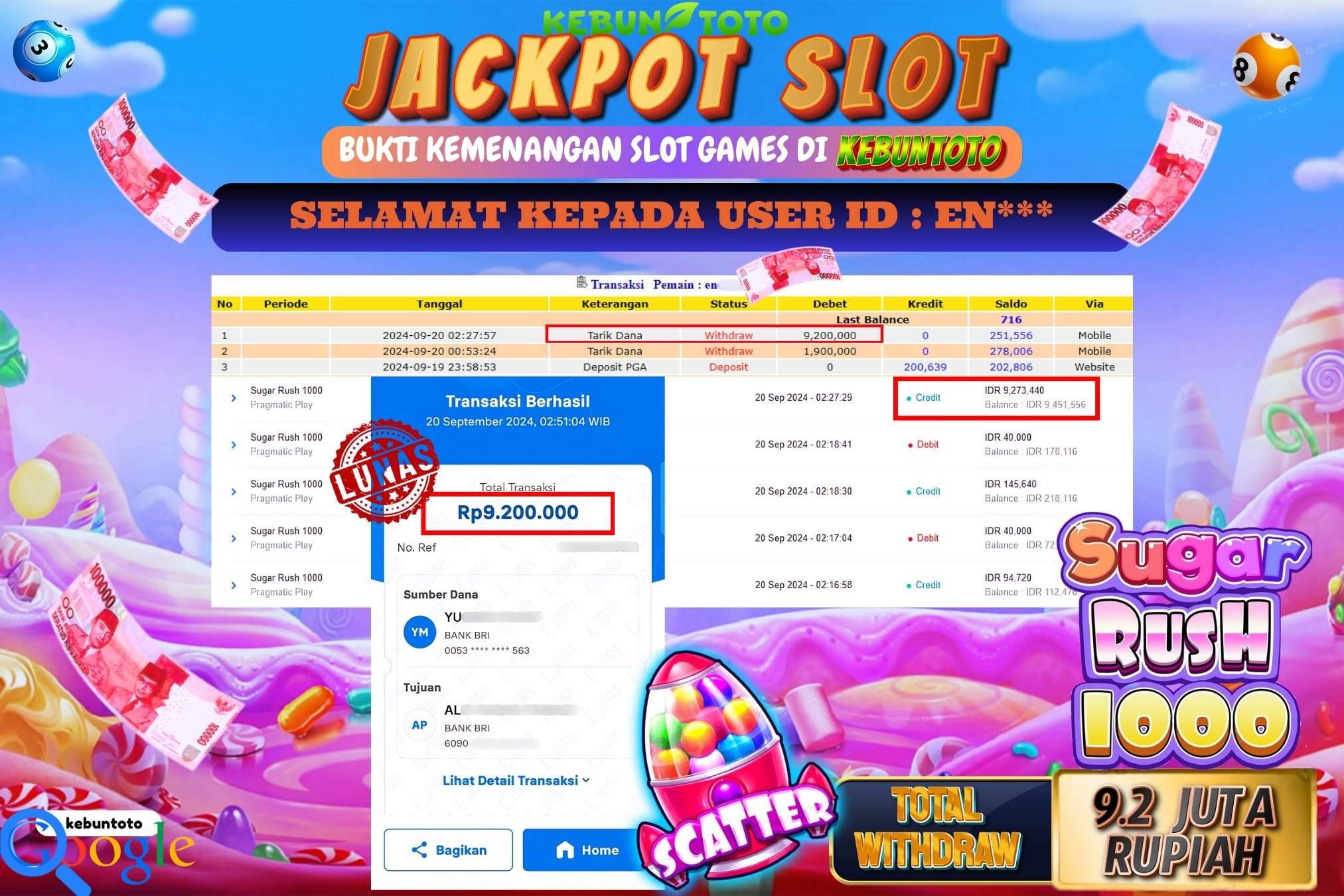 KEBUNTOTO JACKPOT SLOT SUGAR RUSH 1000 Rp.9.200.000,- LUNAS