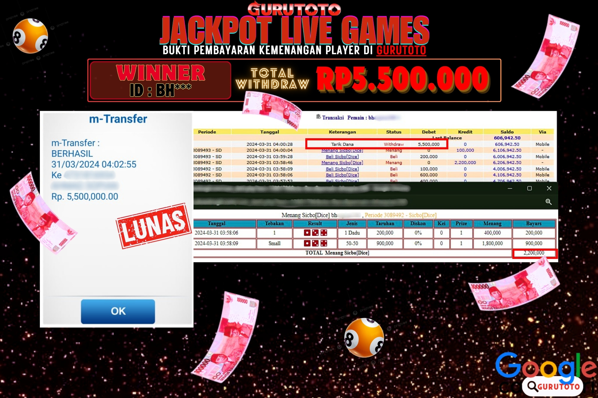 Jackpot Slot SICBO (DICE) di Gurutoto sebesar Rp.5.500.000 dibayar lunas.
