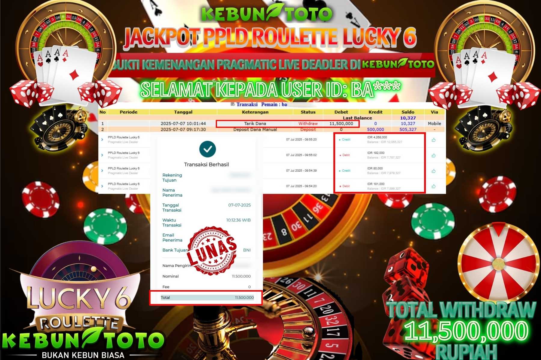 Bukti Kemenangan Rp 11.500.000 CASINO PPLD ROULETTE LUCKY 6 di KEBUNTOTO!