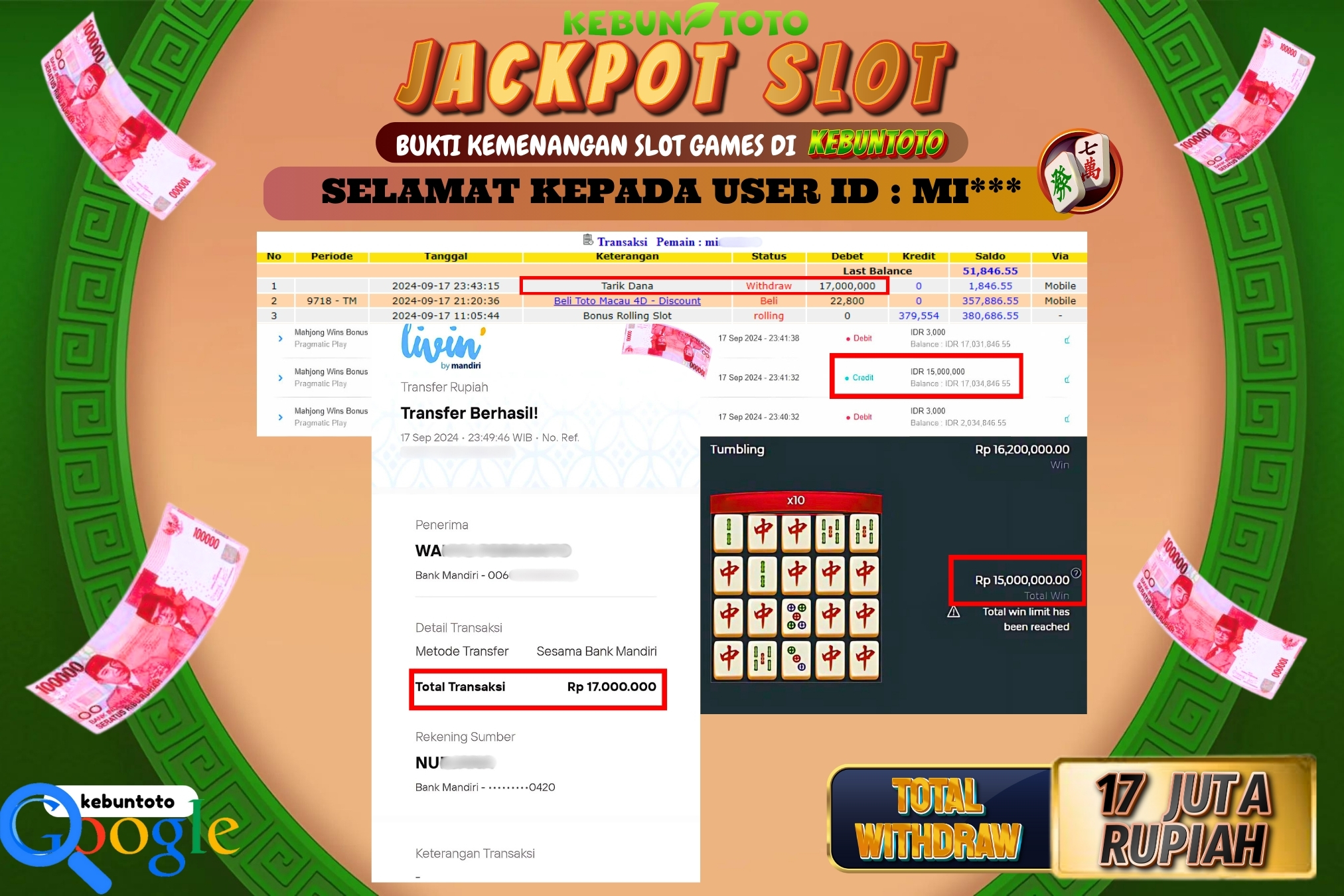 KEBUNTOTO JACKPOT SLOT MAHJONG WINS BONUS Rp.17.000.000,- LUNAS