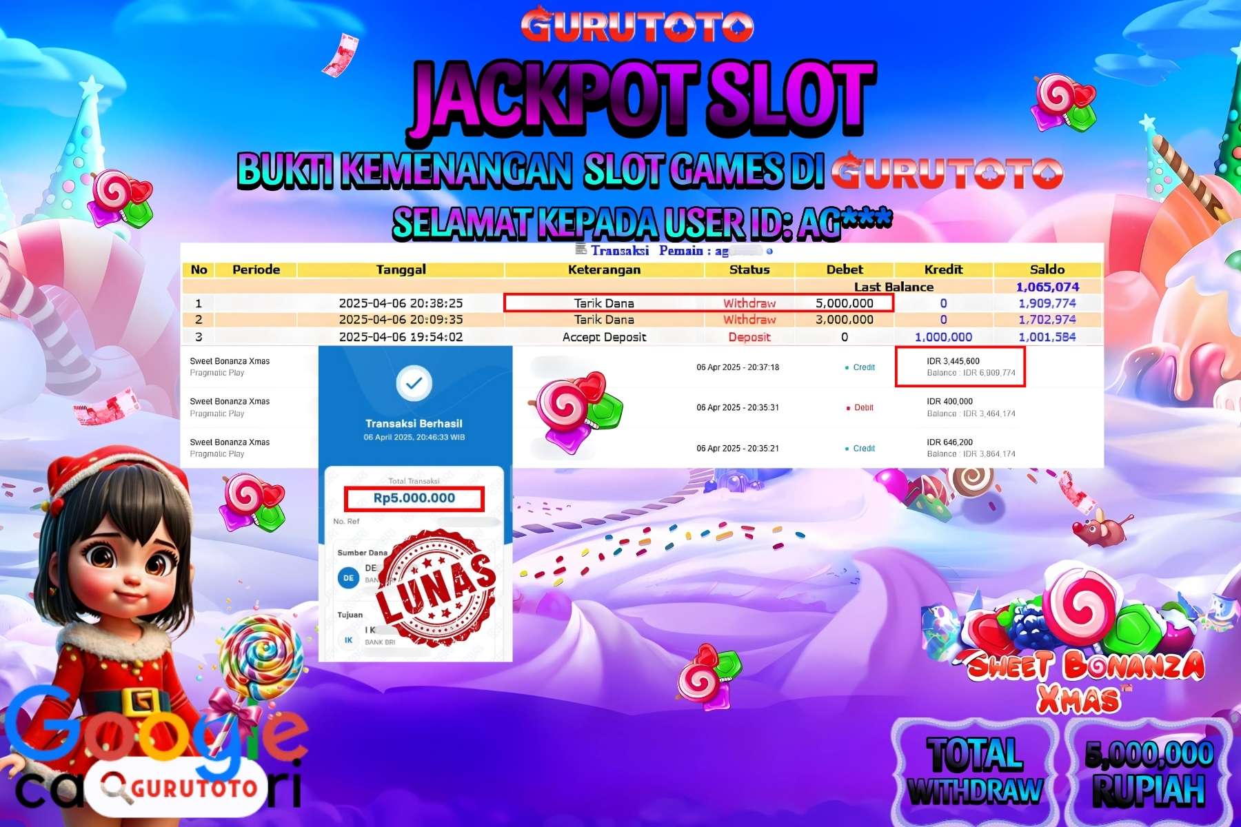 GURUTOTO JACKPOT, SLOT SWEET BONANZA XMAS, Sebesar Rp 5.000.000,- LUNAS