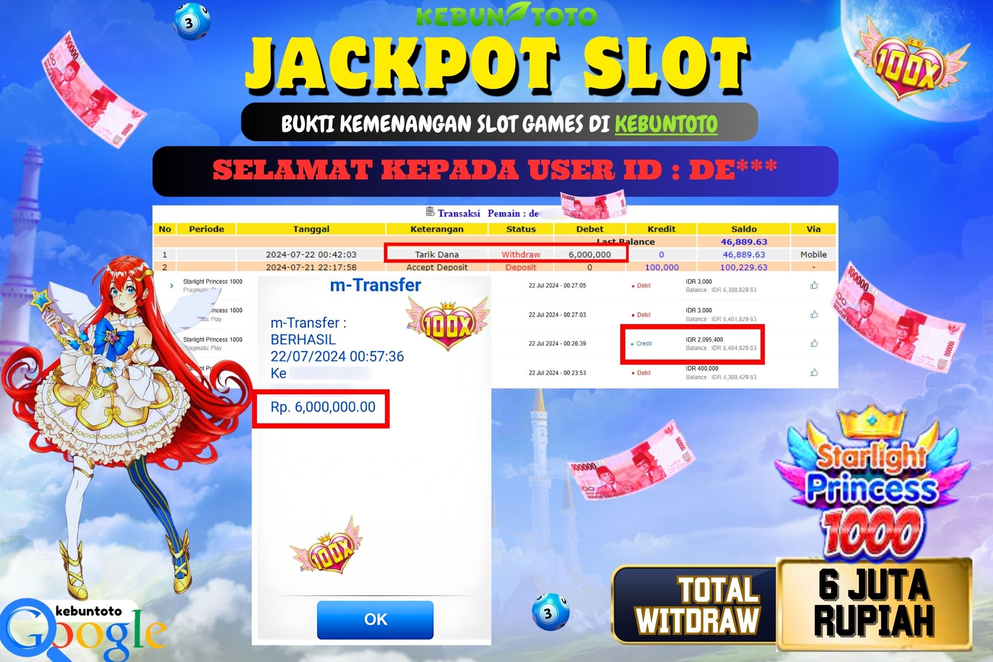 KEBUNTOTO JACKPOT SLOT STARLIGHT PRINCESS 1000 Rp.6.000.000,- LUNAS