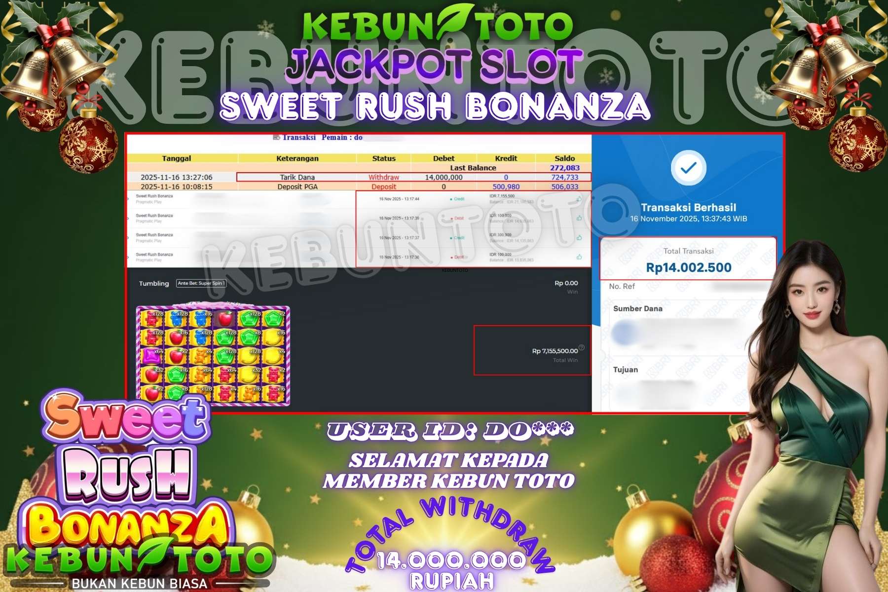 Bukti Kemenangan Rp 14.000.000 SLOT SWEET RUSH BONANZA di KEBUNTOTO!