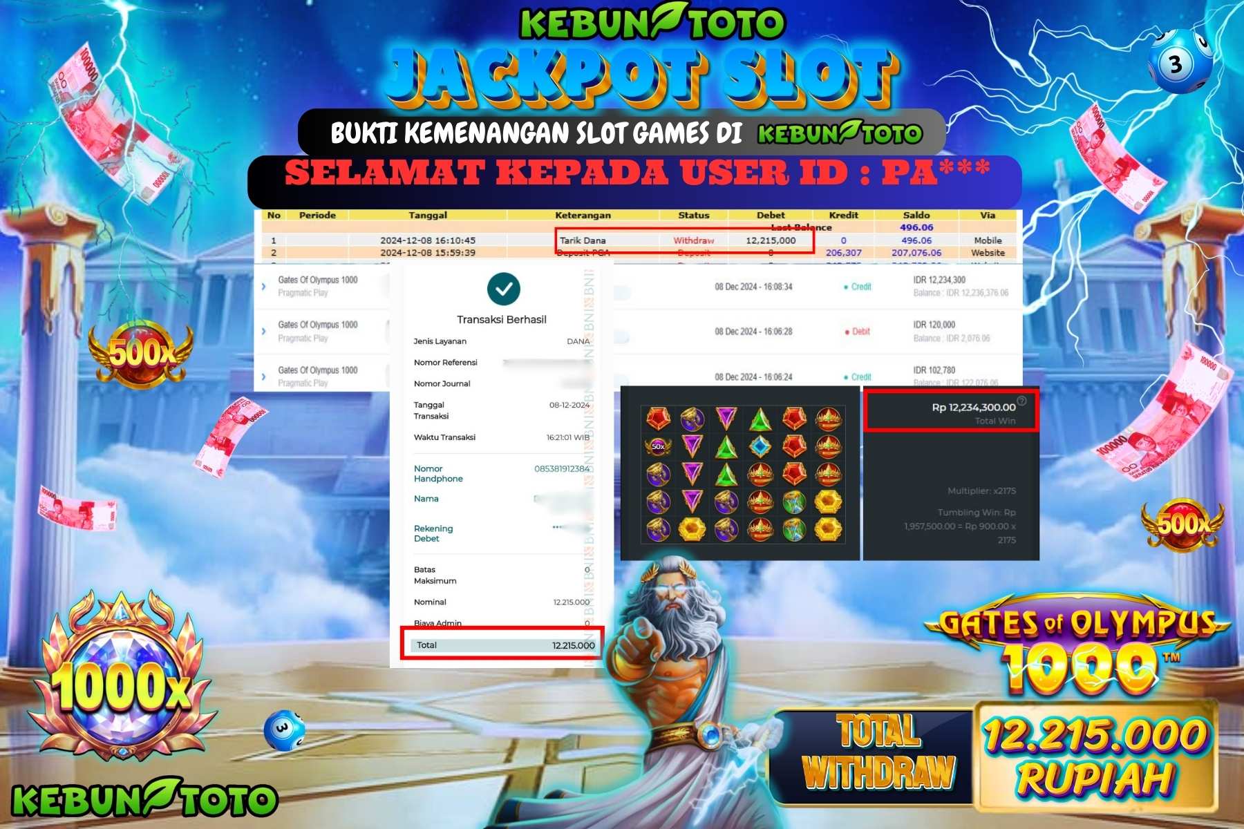 KEBUNTOTO JACKPOT GATE OF OLYMPUS 1000, Sebesar Rp.12.215.000,- LUNAS