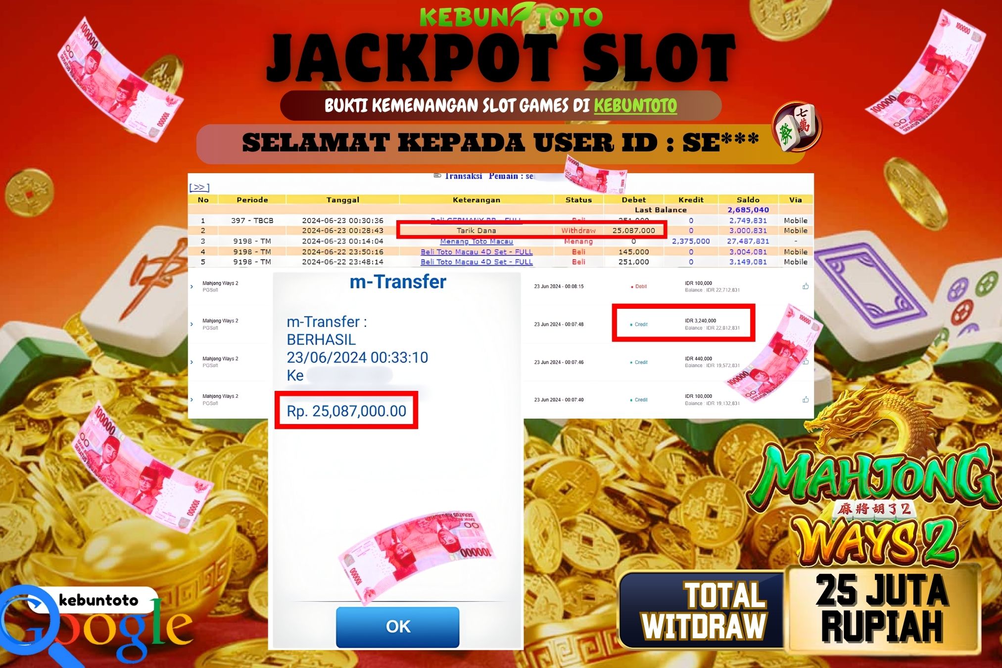 KEBUNTOTO JACKPOT SLOT MAHJONG WAYS 2 Rp.25.087.000,- LUNAS