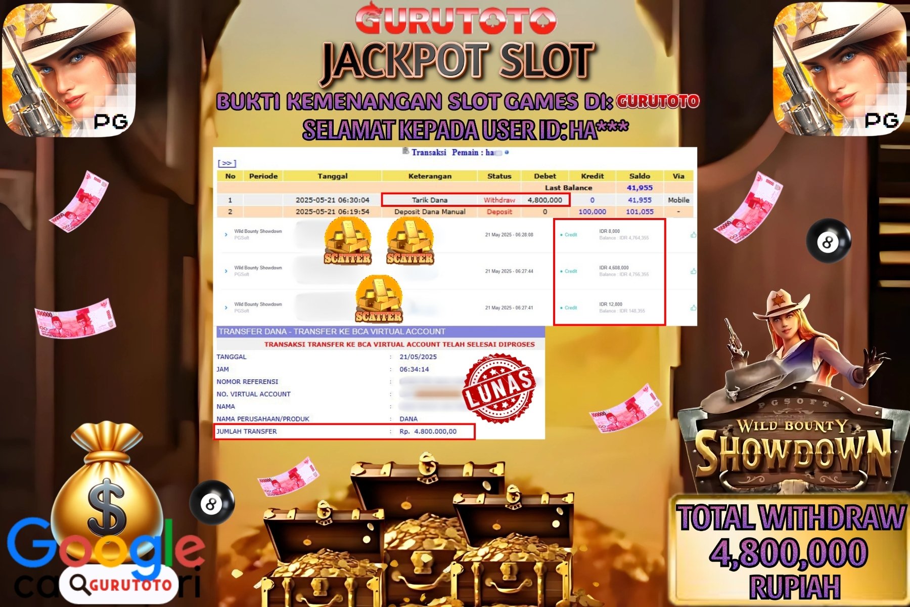 GURUTOTO JACKPOT, SLOT WILD BOUNTY SHOWDOWN, Sebesar Rp 4.800.000 ,- LUNAS