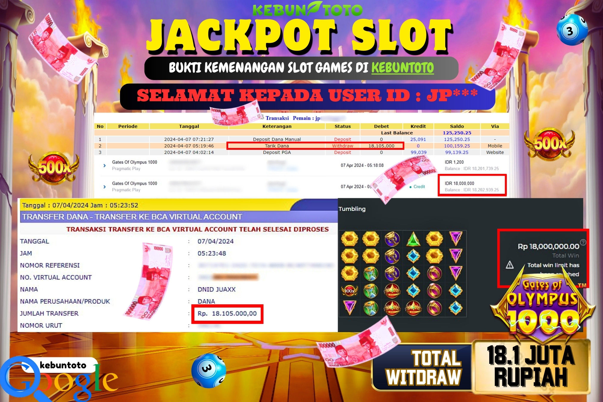 KEBUNTOTO JACKPOT SLOT GATES OF OLYMPUS 1000 Rp.18.105.000,- LUNAS