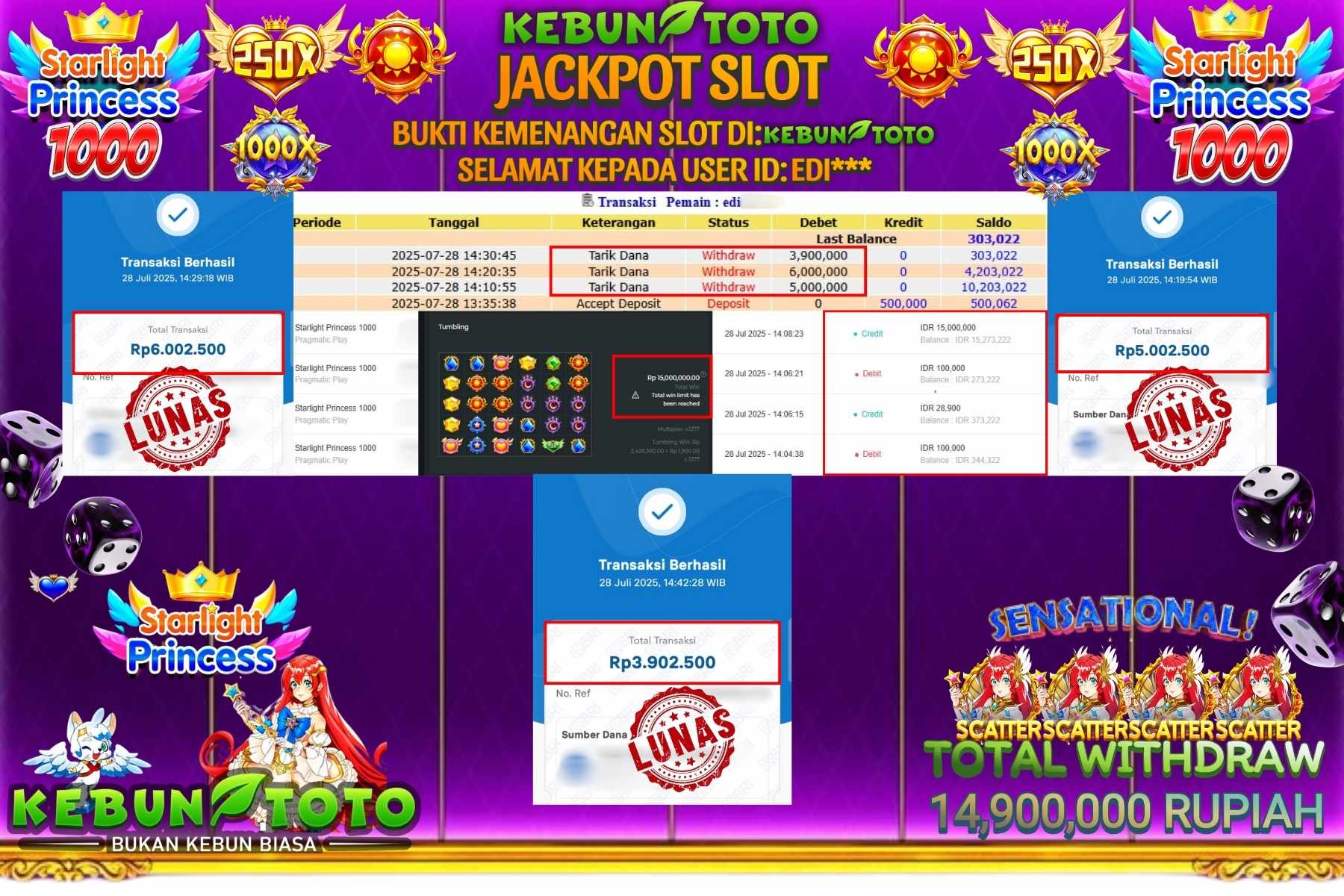 Bukti Kemenangan Rp 14.900.000 SLOT STARLIGHT PRINCESS 1000 di KEBUNTOTO!