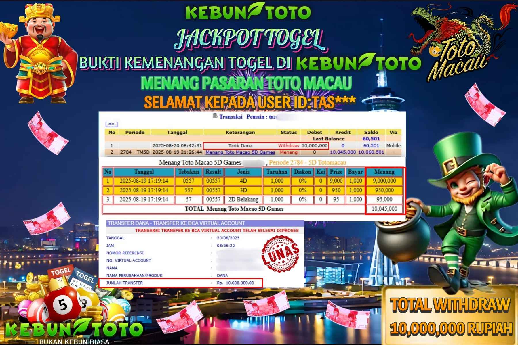 Bukti Kemenangan Rp 10.000.000 TOGEL TOTO MACAU di KEBUNTOTO!