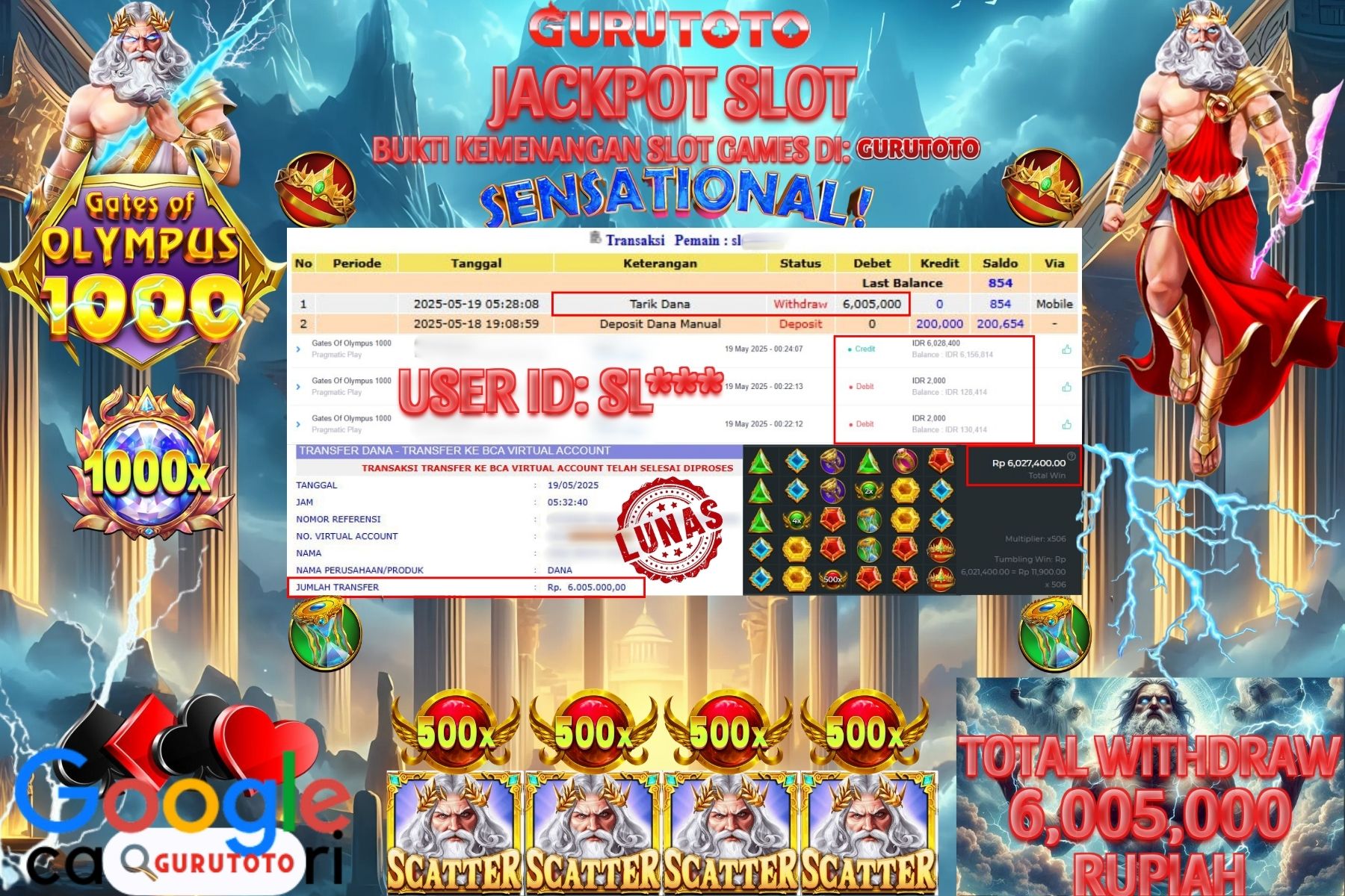 GURUTOTO JACKPOT, SLOT GATES OF OLYMPUS 1000, Sebesar Rp 6.005.000 ,- LUNAS