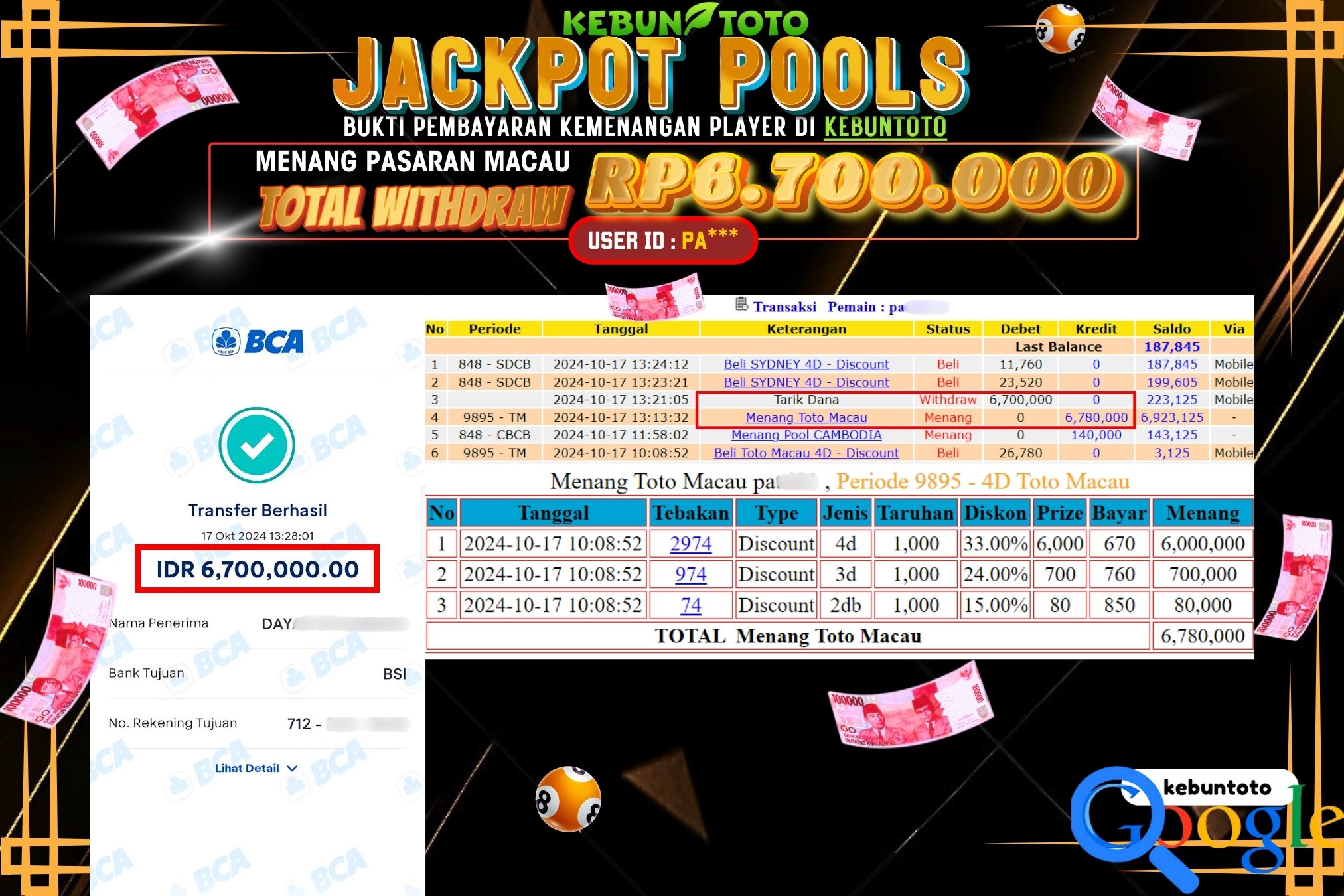 KEBUNTOTO JACKPOT TOGEL PASARAN MACAU Rp.6.700.000,- LUNAS